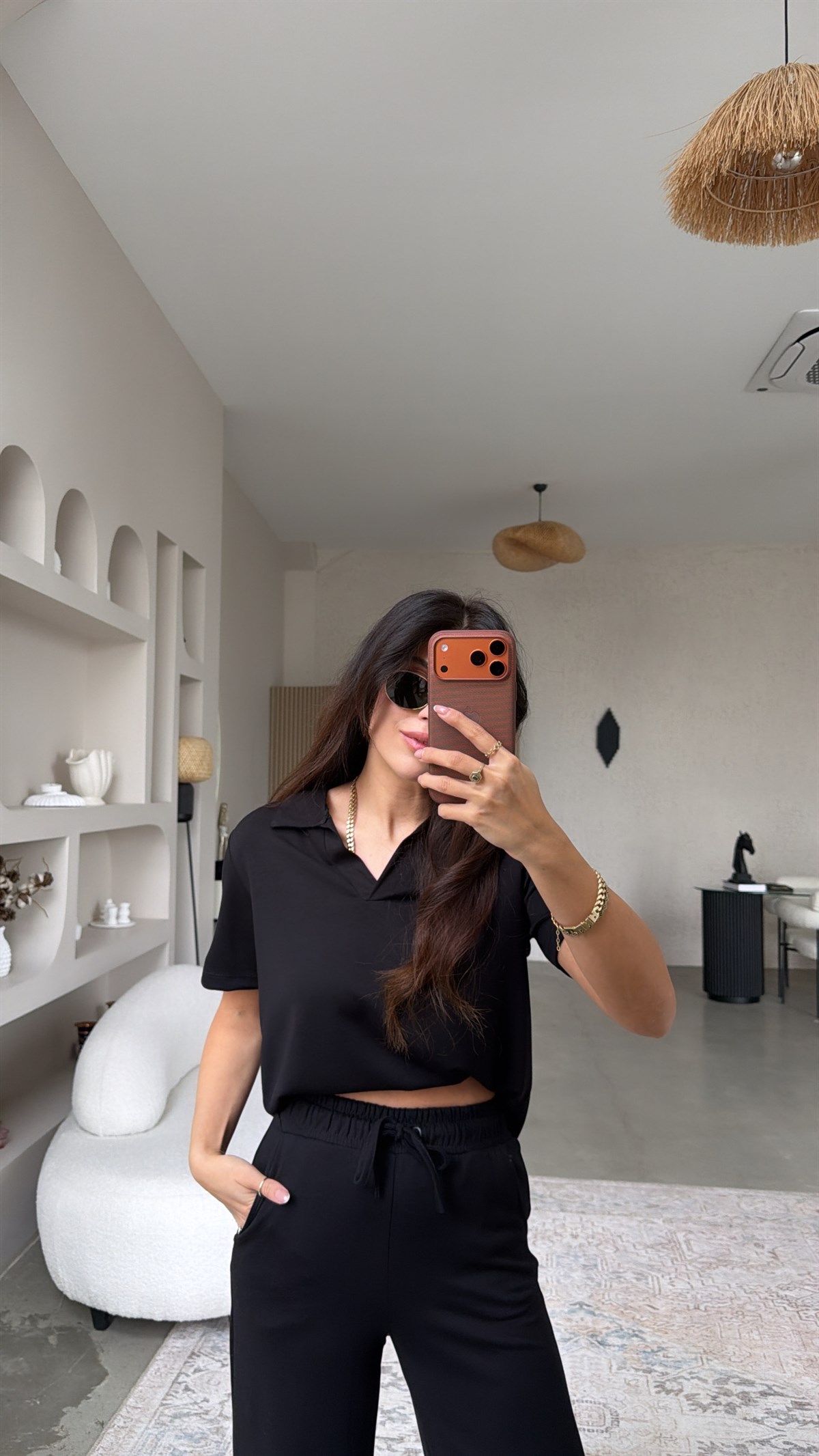 Siyah Basic Modal Kumaş Yakalı Bol Paça Takım