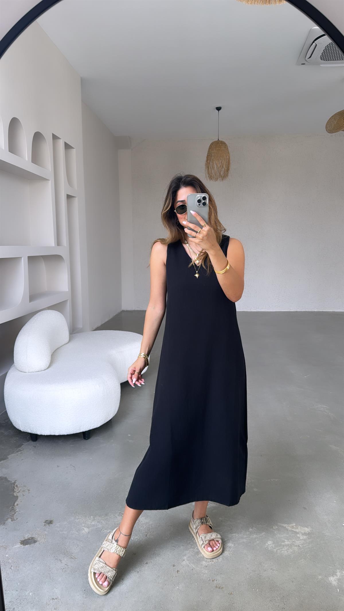 Siyah Basic V Yaka Keten Elbise