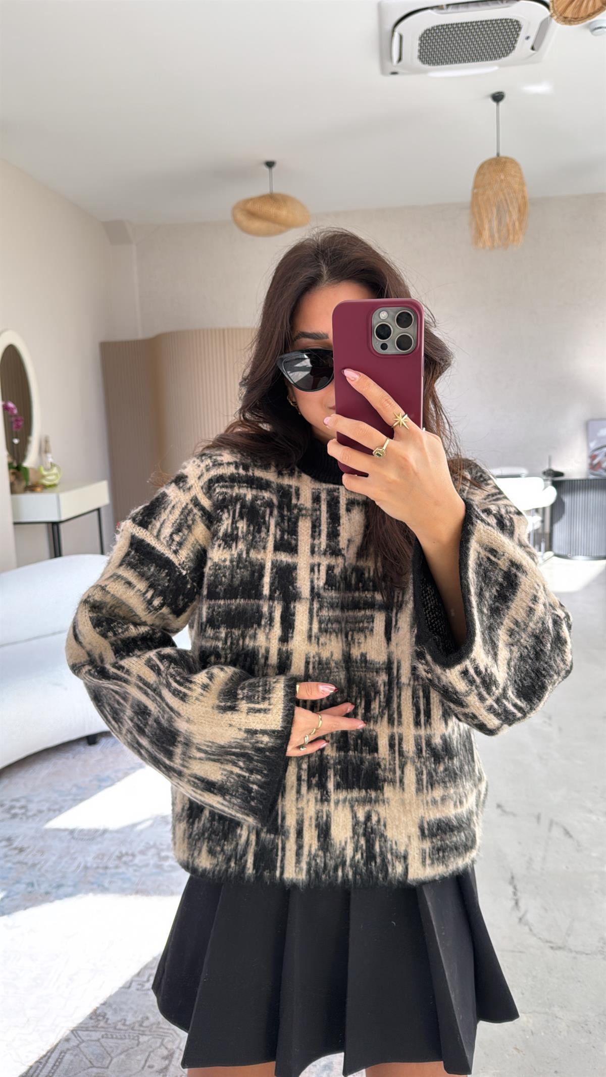 Siyah Bej Desenli ZR Model Yumoş Kazak