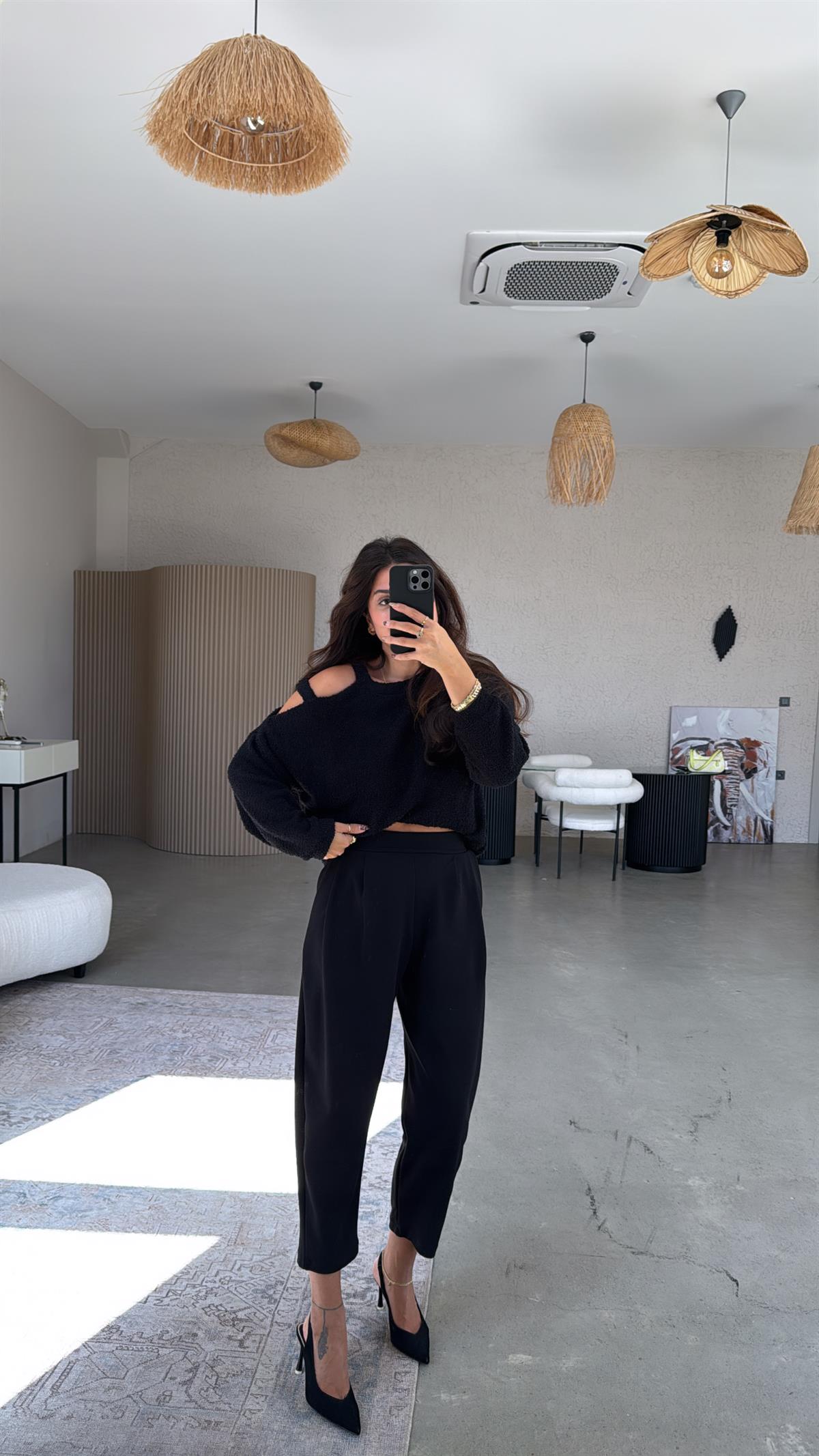 Siyah Bel Arka Lastik Krep Kumaş Pantolon