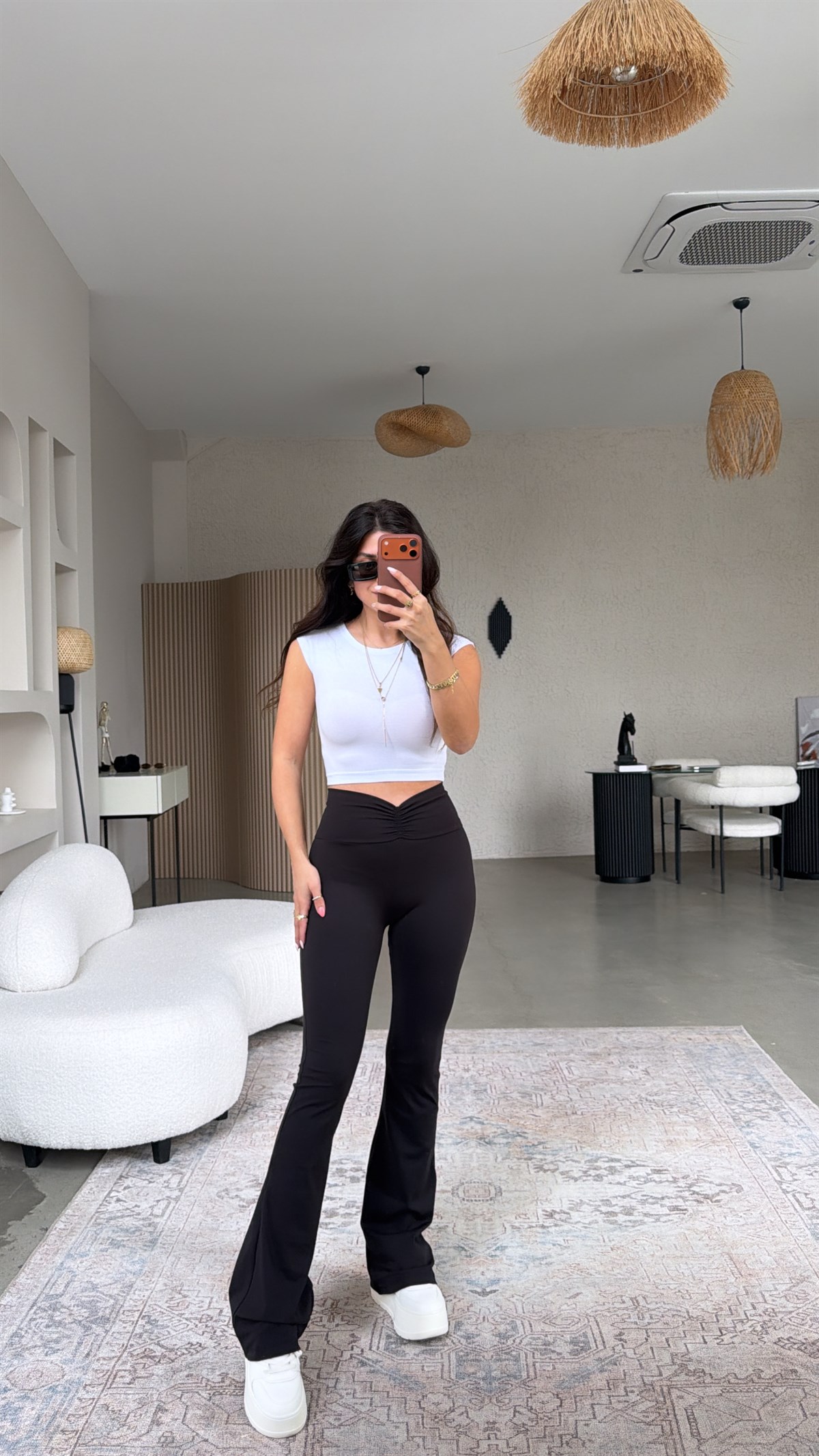 Siyah Beli Büzgü İspanyol Paça Tayt