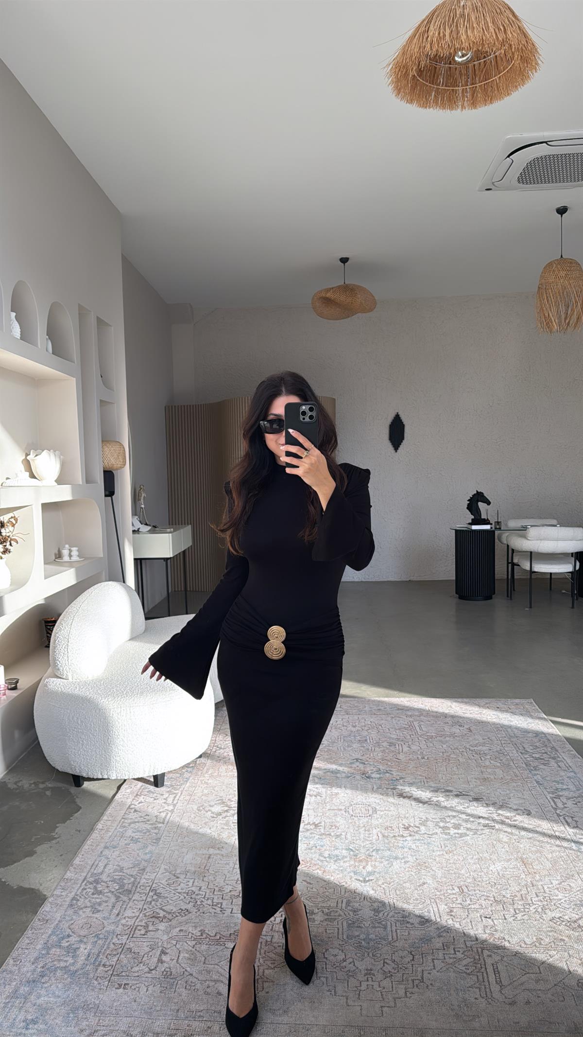 Siyah Beli Detaylı İnce Triko Elbise