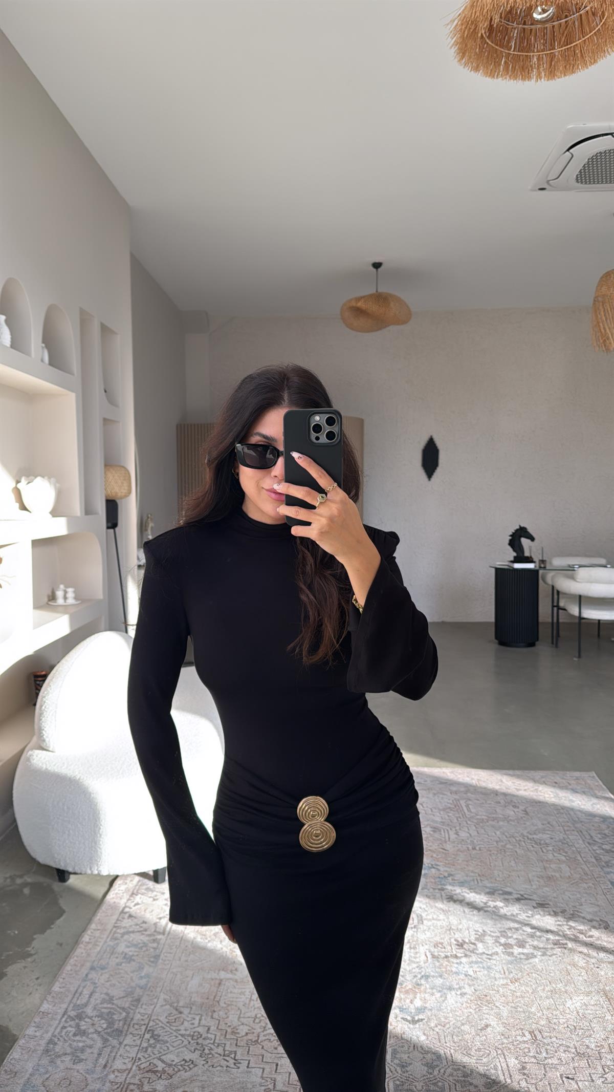 Siyah Beli Detaylı İnce Triko Elbise