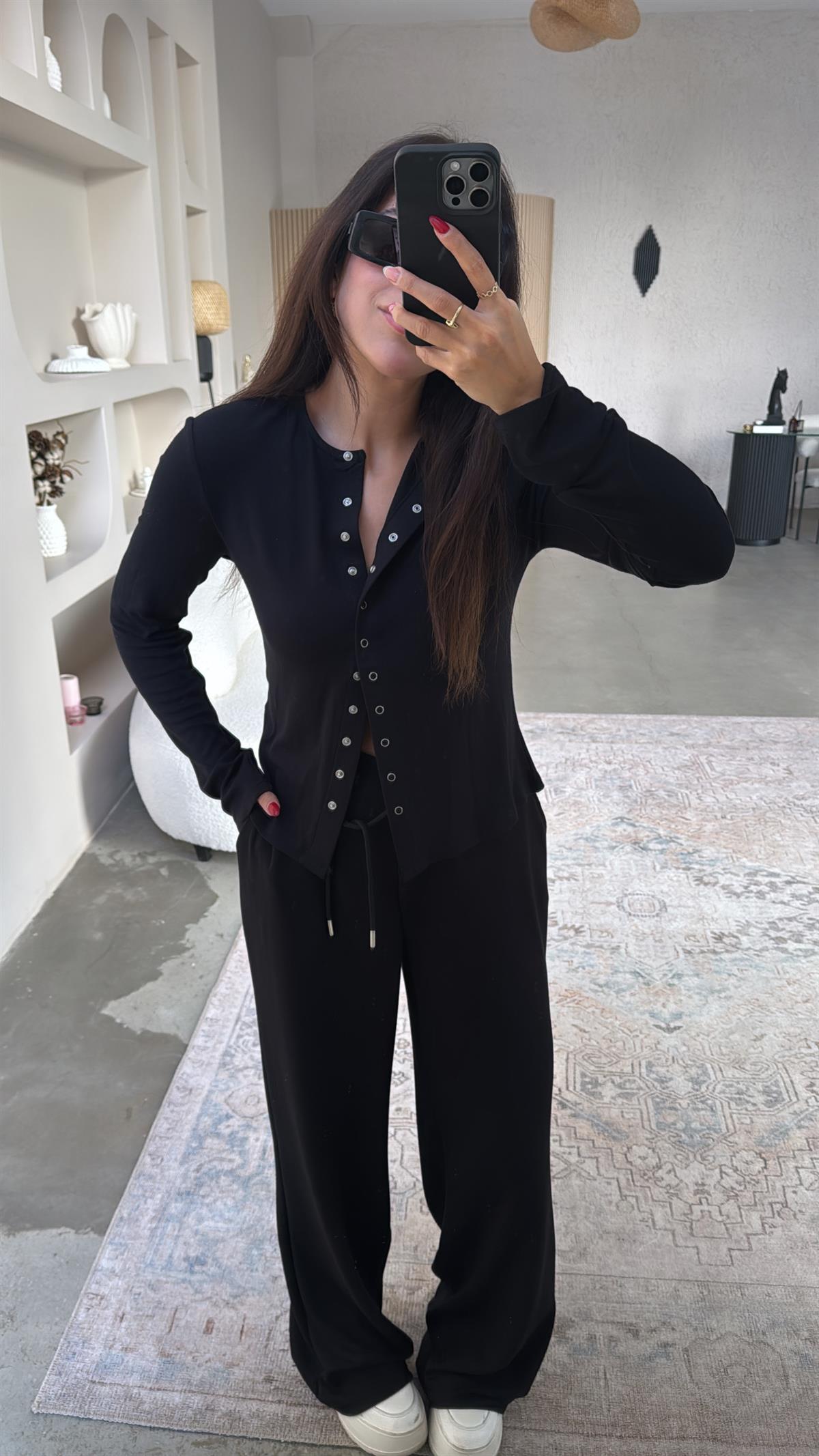 Siyah Beli İpli Modal Kumaş Rahat Pantolon