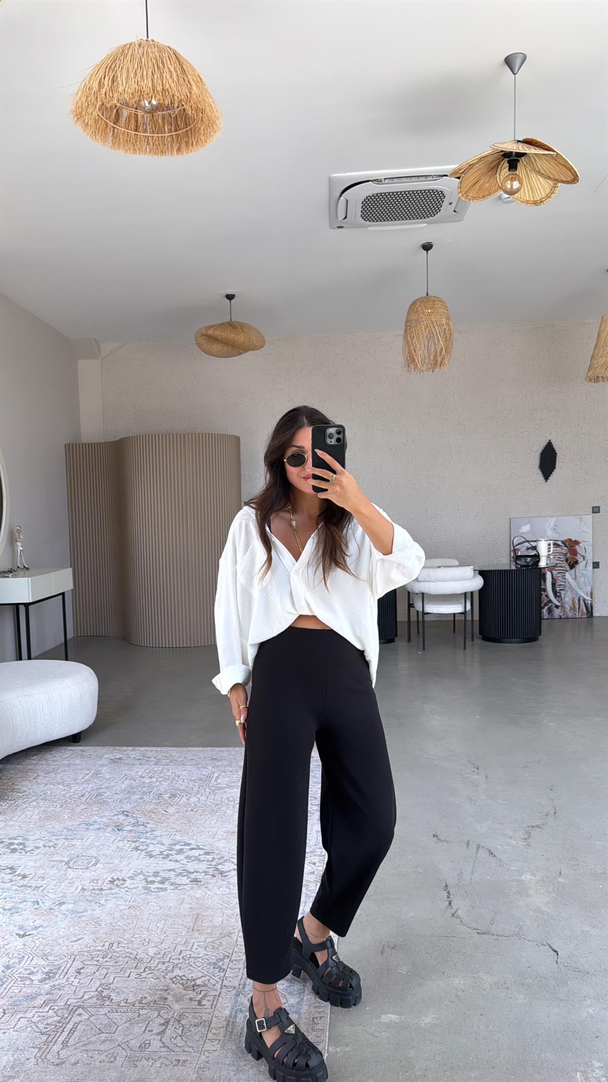 Siyah Beli Lastikli Balon Kumaş Pantolon