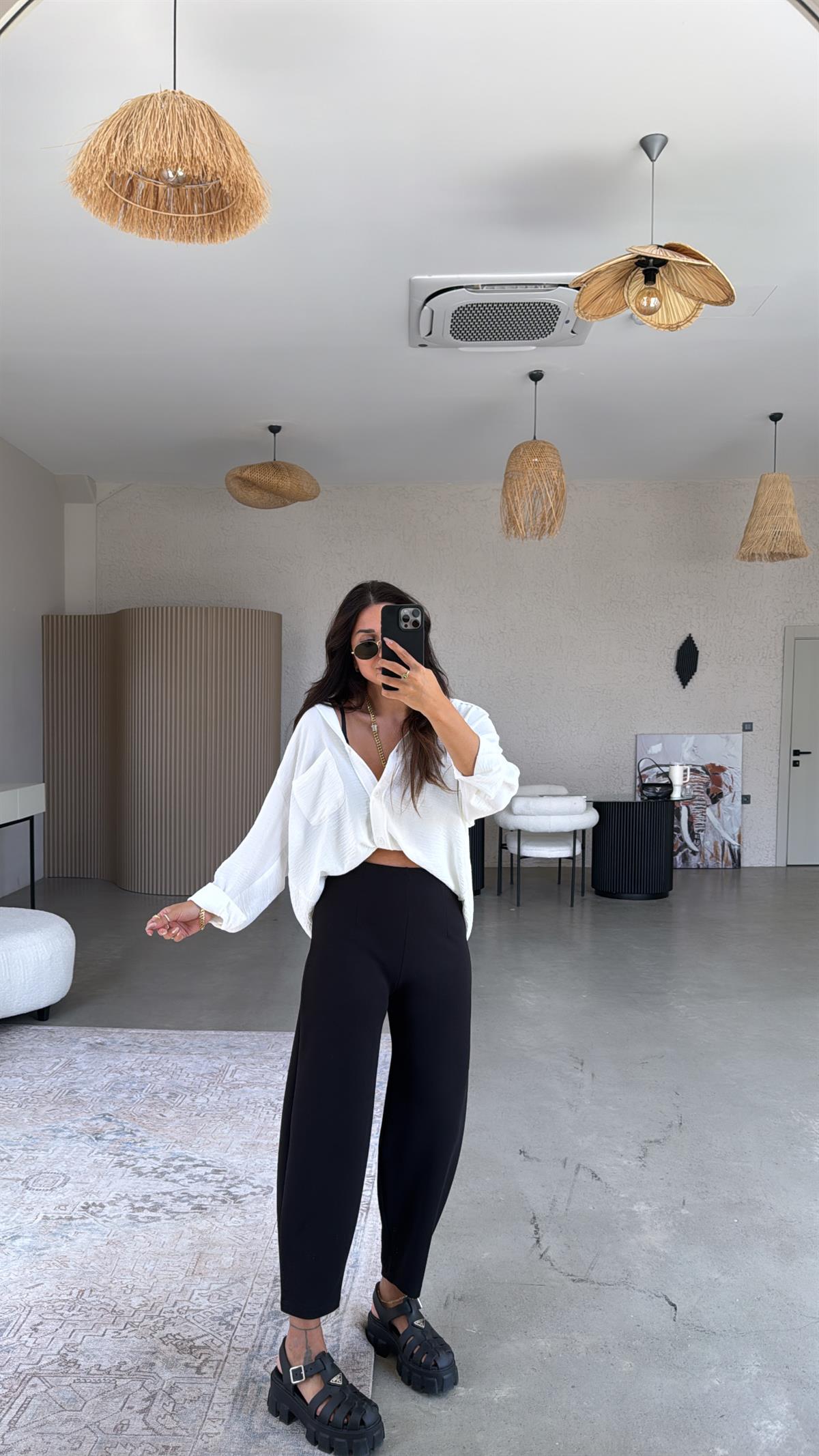 Siyah Beli Lastikli Balon Kumaş Pantolon