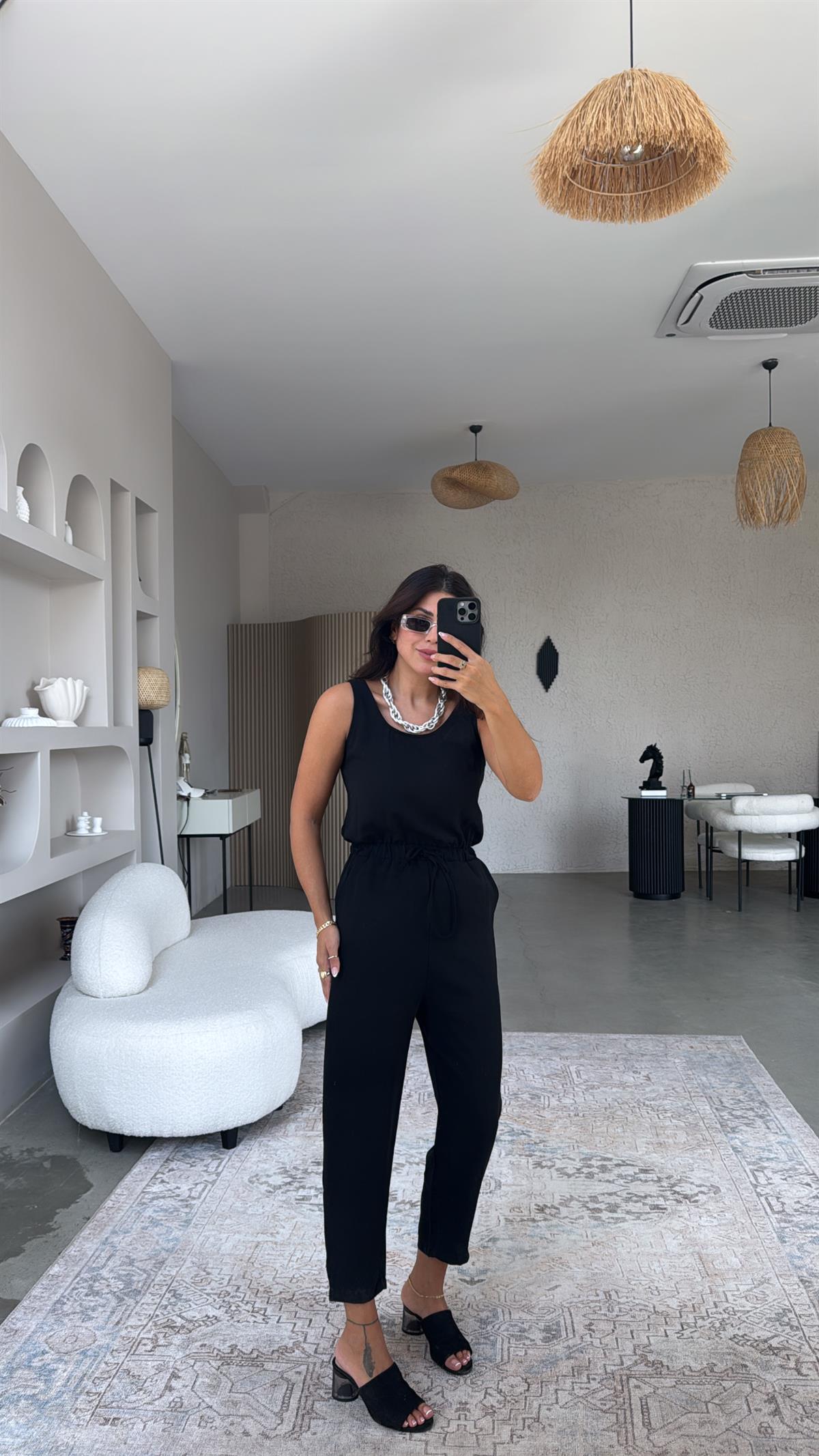 Siyah Beli Lastikli Buzzy Kumaş Tulum