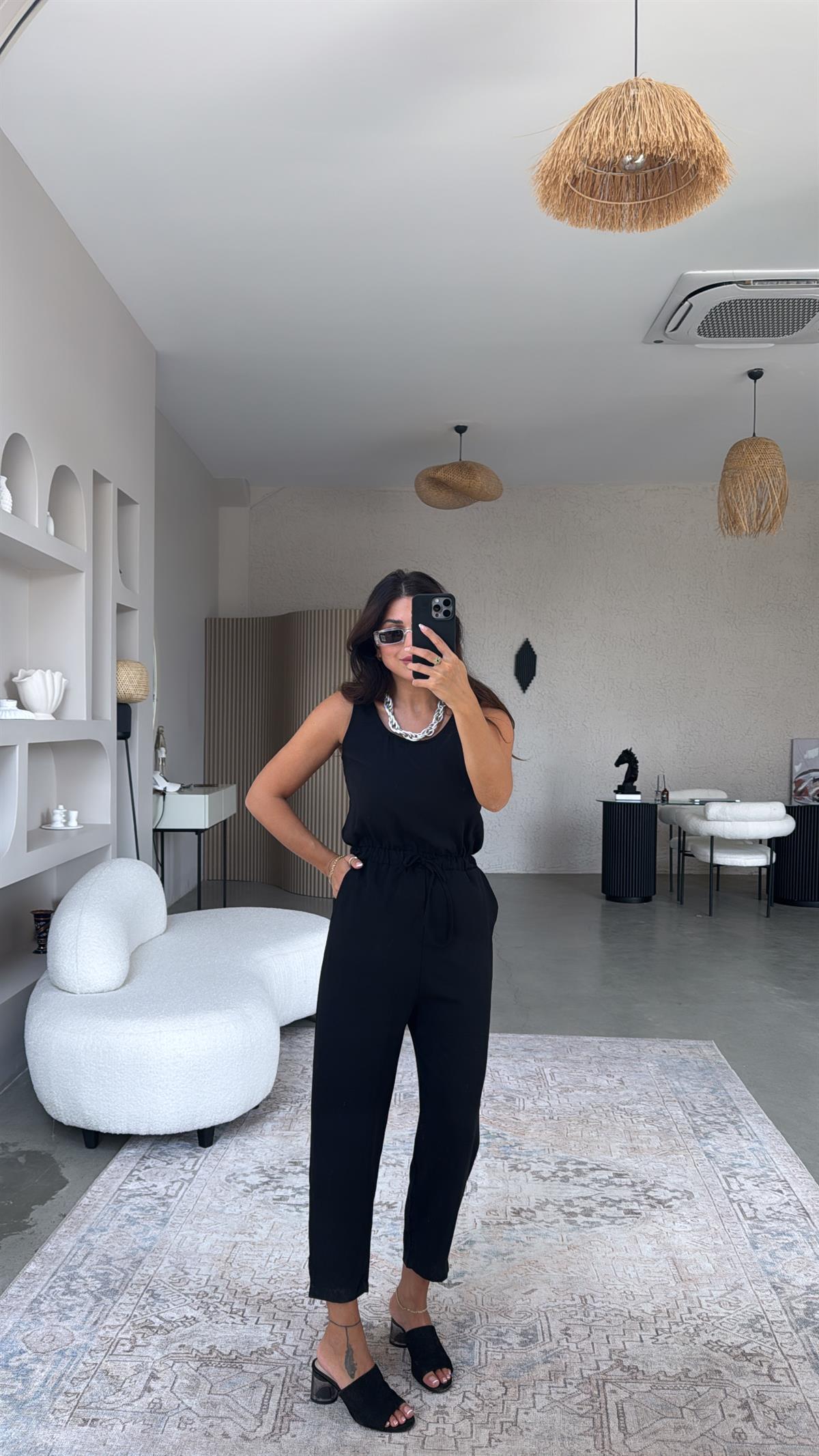 Siyah Beli Lastikli Buzzy Kumaş Tulum