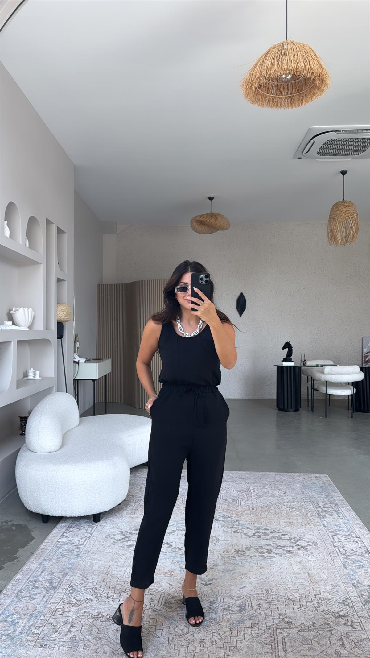 Siyah Beli Lastikli Buzzy Kumaş Tulum