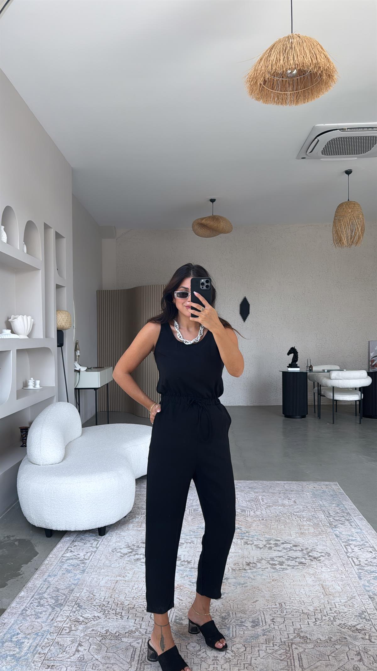 Siyah Beli Lastikli Buzzy Kumaş Tulum