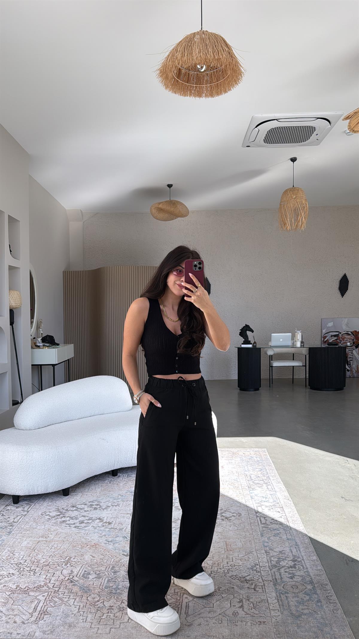 Siyah Beli Lastikli Kumaş Pantolon