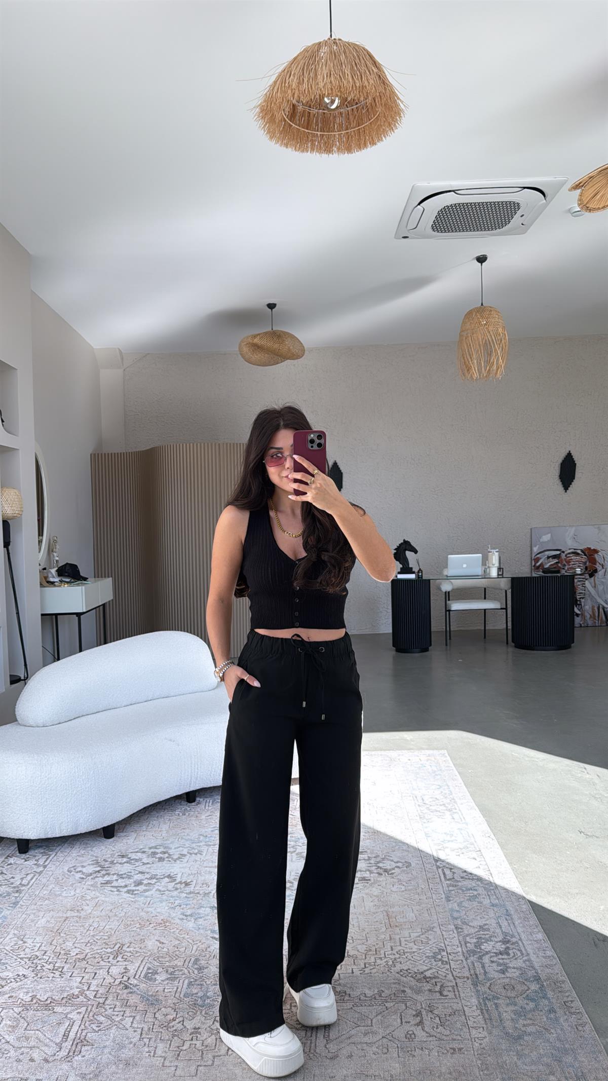 Siyah Beli Lastikli Kumaş Pantolon