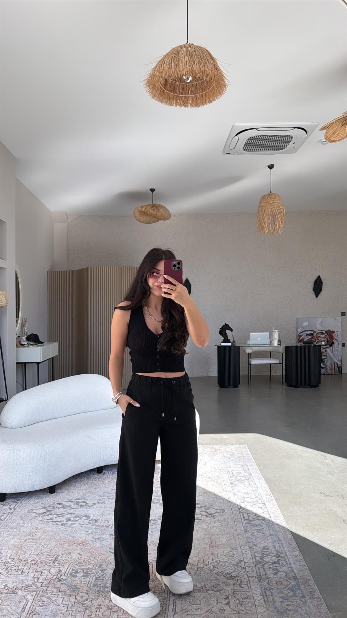 Siyah Beli Lastikli Kumaş Pantolon