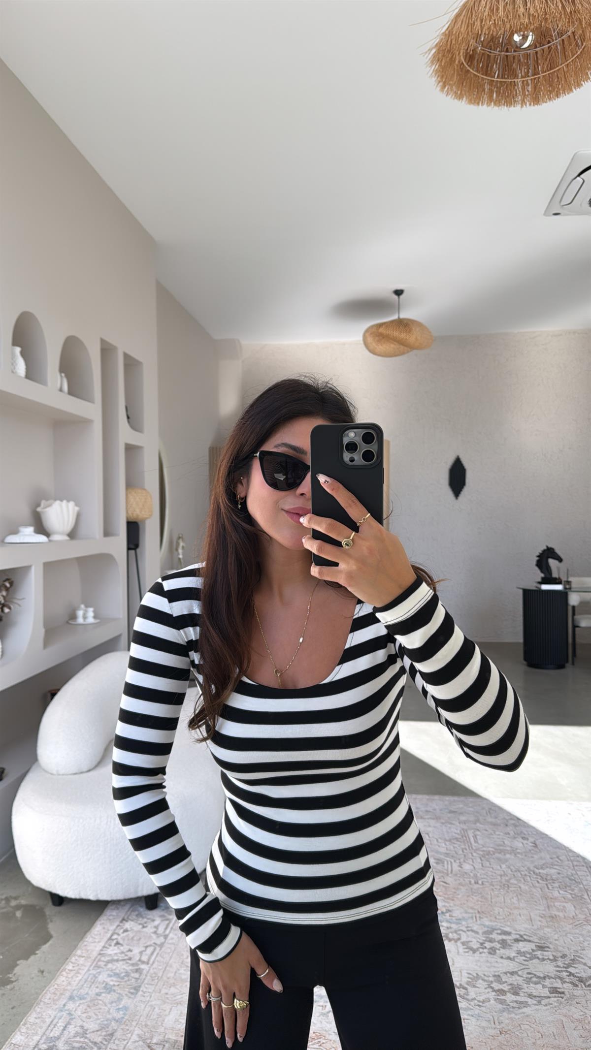 Siyah Beyaz Çizgili Oval Yaka Uzun Kollu Ribana Basic