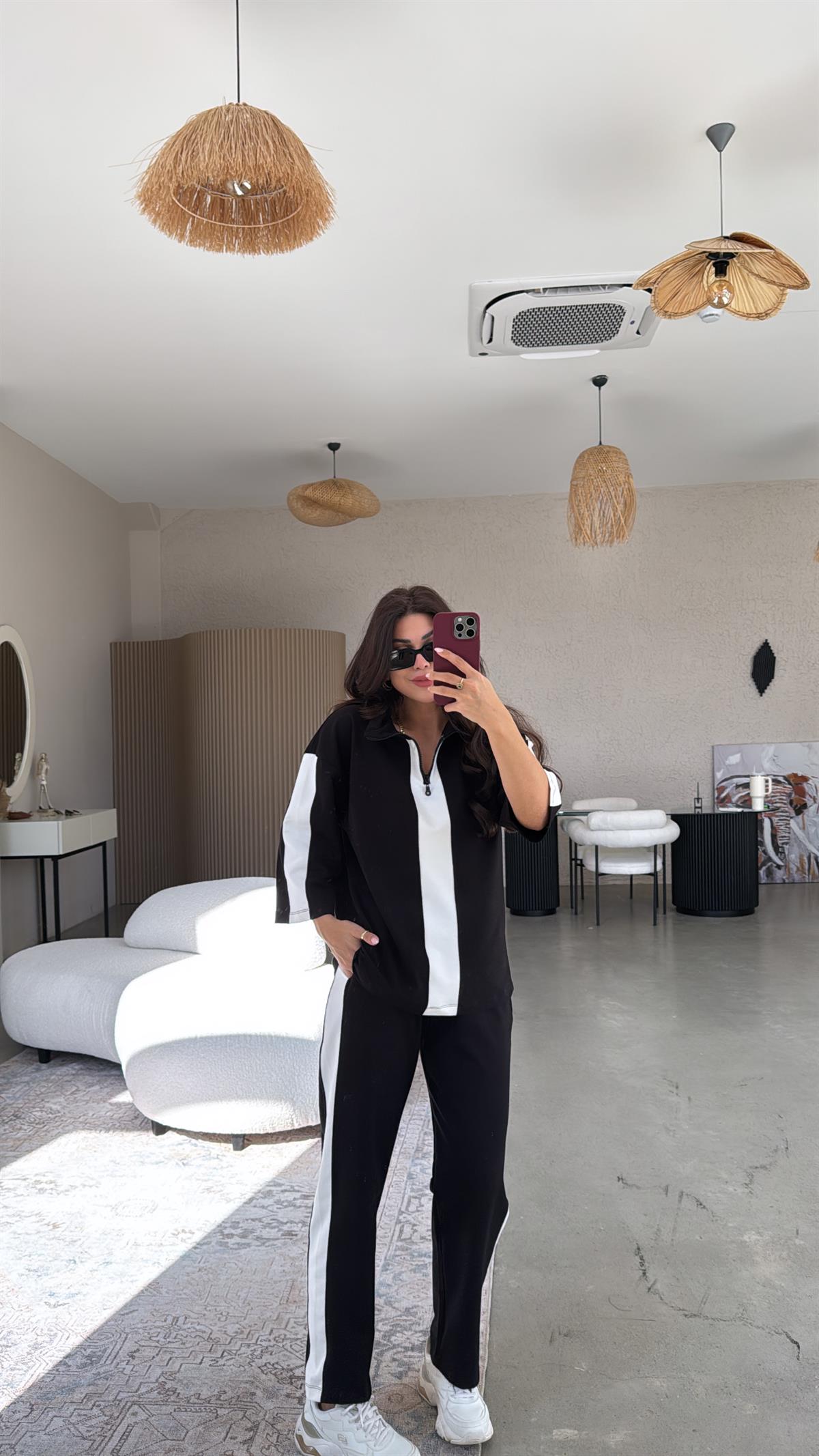 Siyah Beyaz Şerit Detaylı Eşofman Takımı