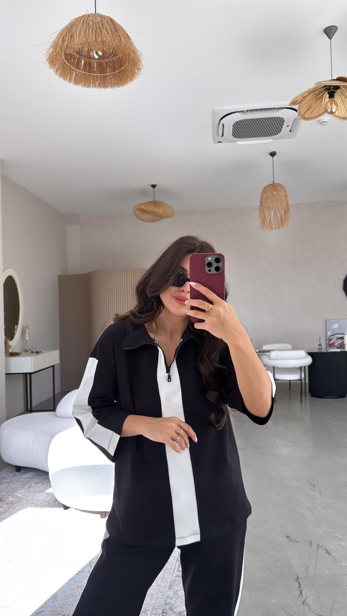 Siyah Beyaz Şerit Detaylı Eşofman Takımı