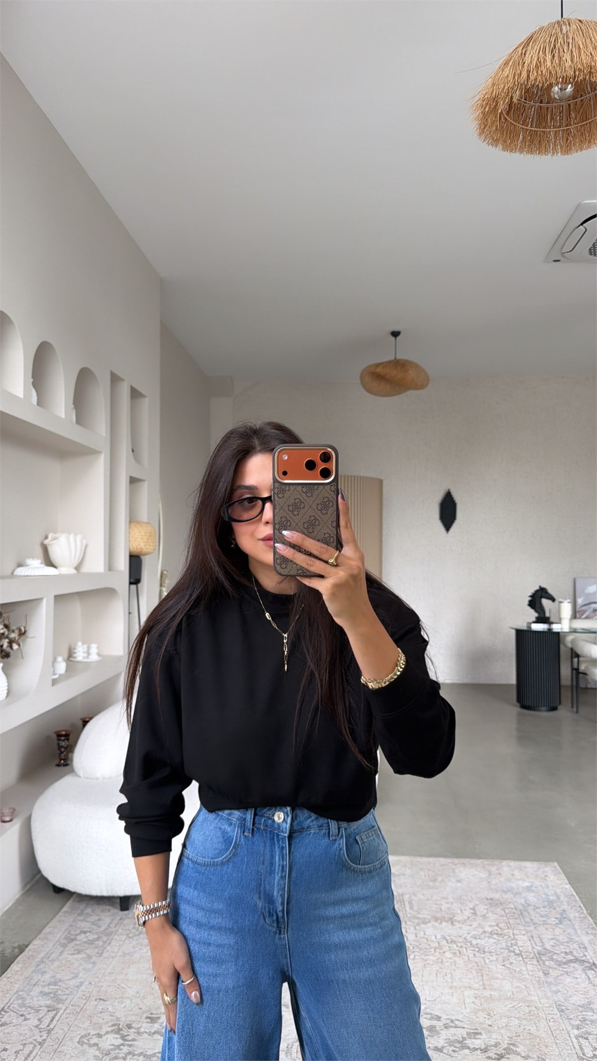 Siyah Bisiklet Yaka Crop Modal Basic Sweatshirt