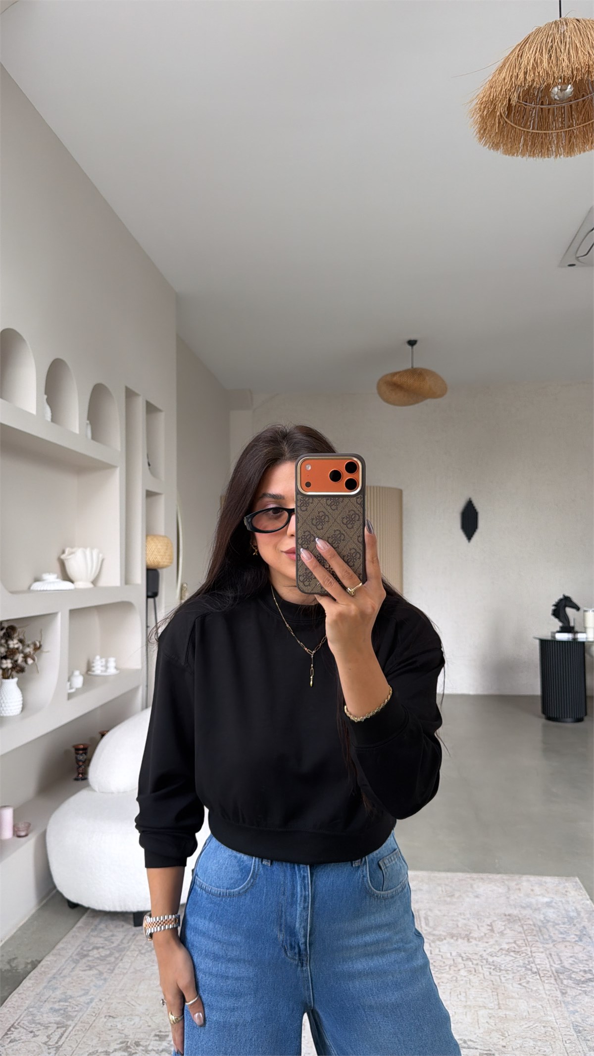 Siyah Bisiklet Yaka Crop Modal Basic Sweatshirt