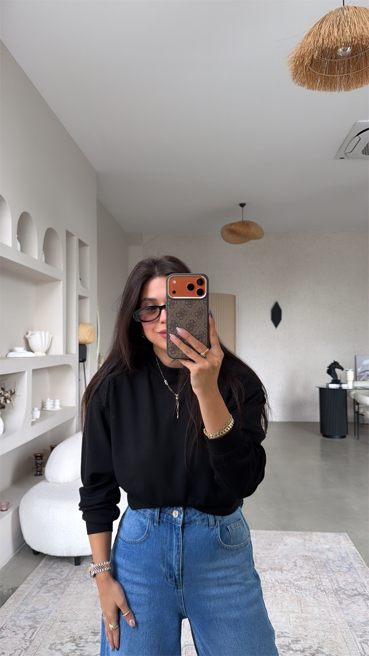 Siyah Bisiklet Yaka Crop Modal Basic Sweatshirt