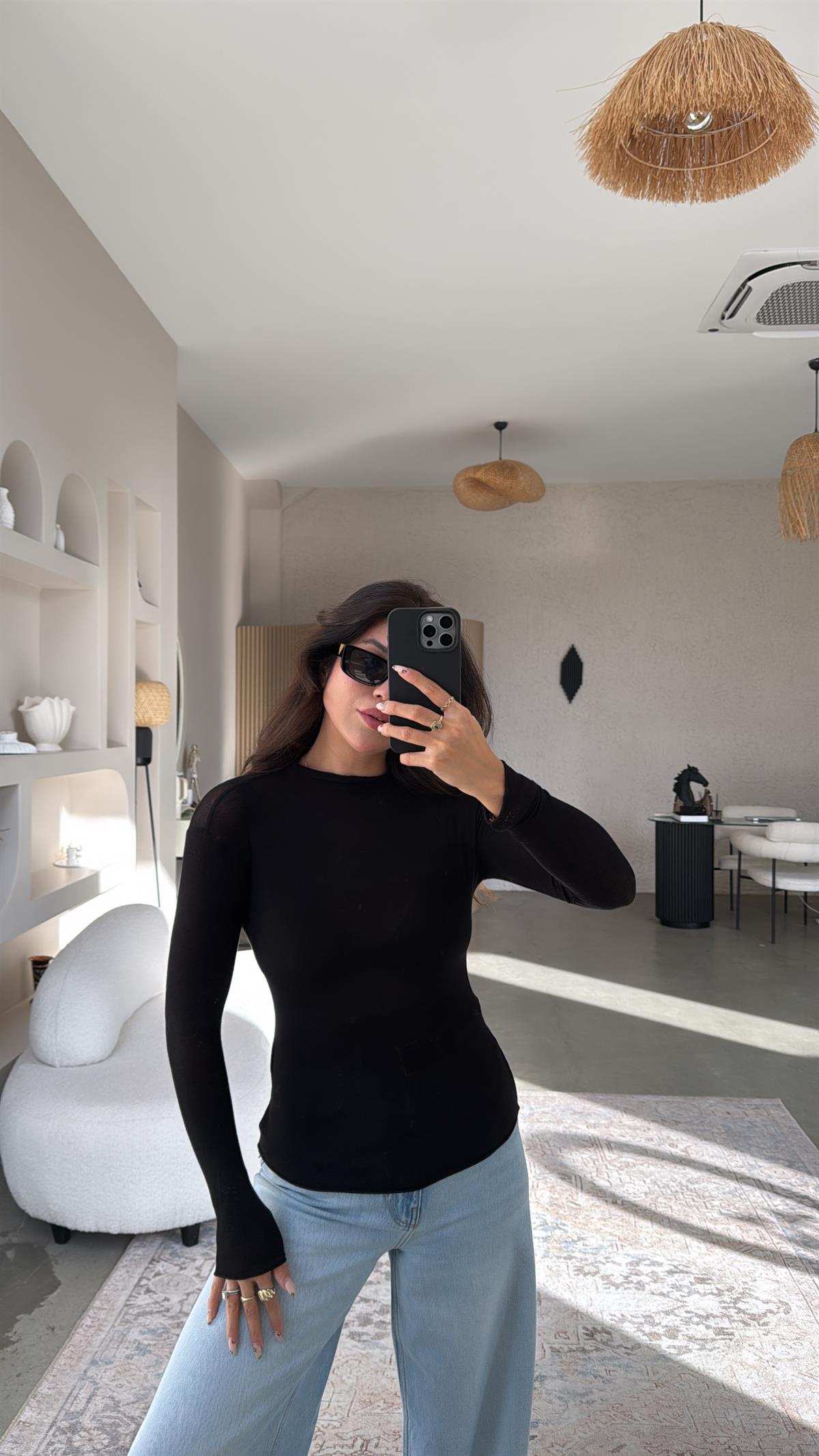 Siyah Bisiklet Yaka Kaşmir Yarı Transparan Bluz