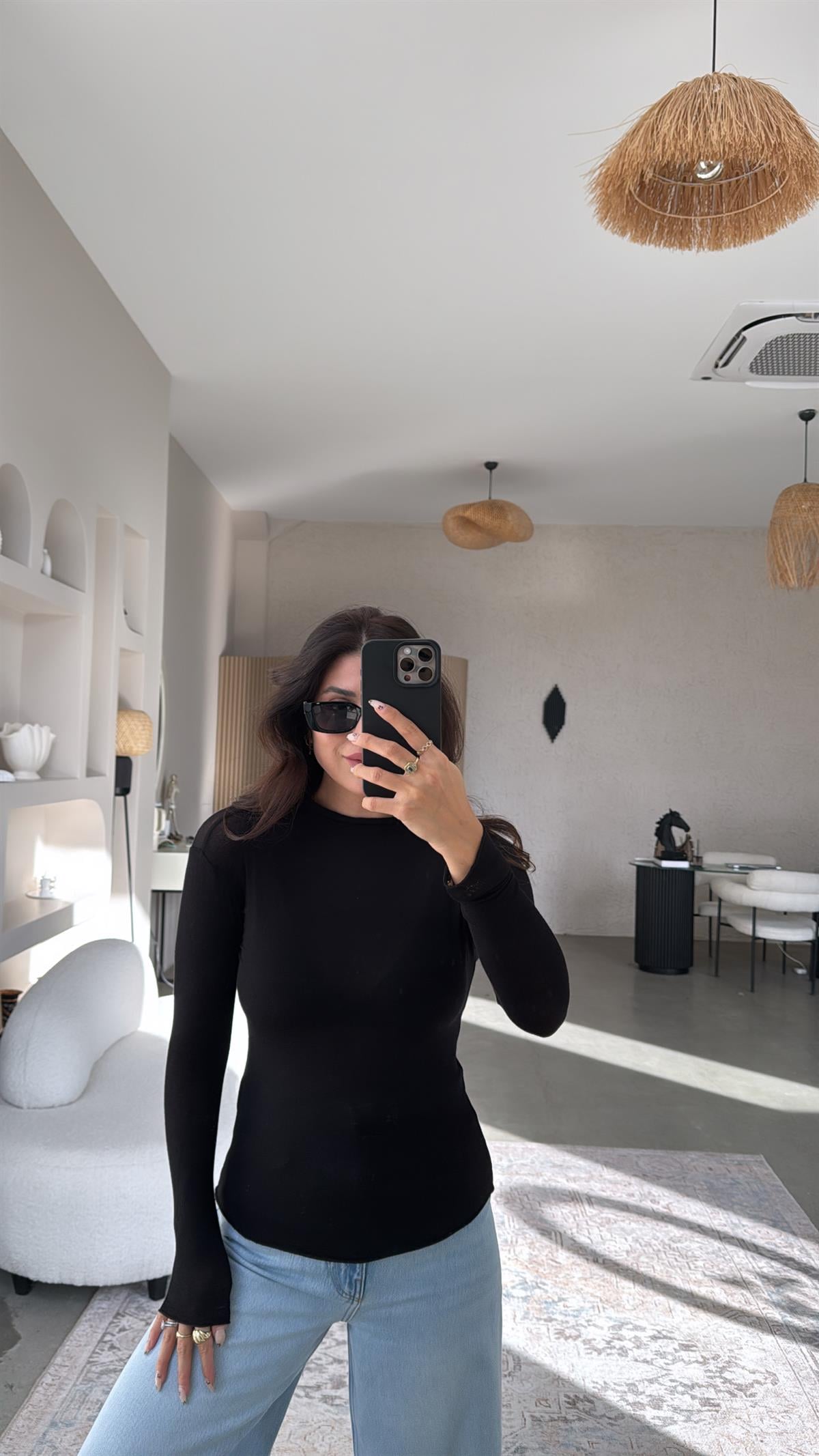 Siyah Bisiklet Yaka Kaşmir Yarı Transparan Bluz