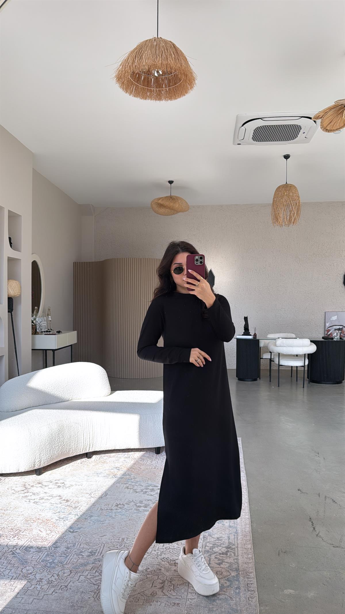 Siyah Bisiklet Yaka Uzun Kollu Basic Elbise
