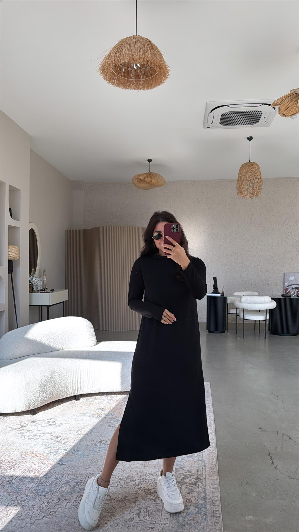 Siyah Bisiklet Yaka Uzun Kollu Basic Elbise