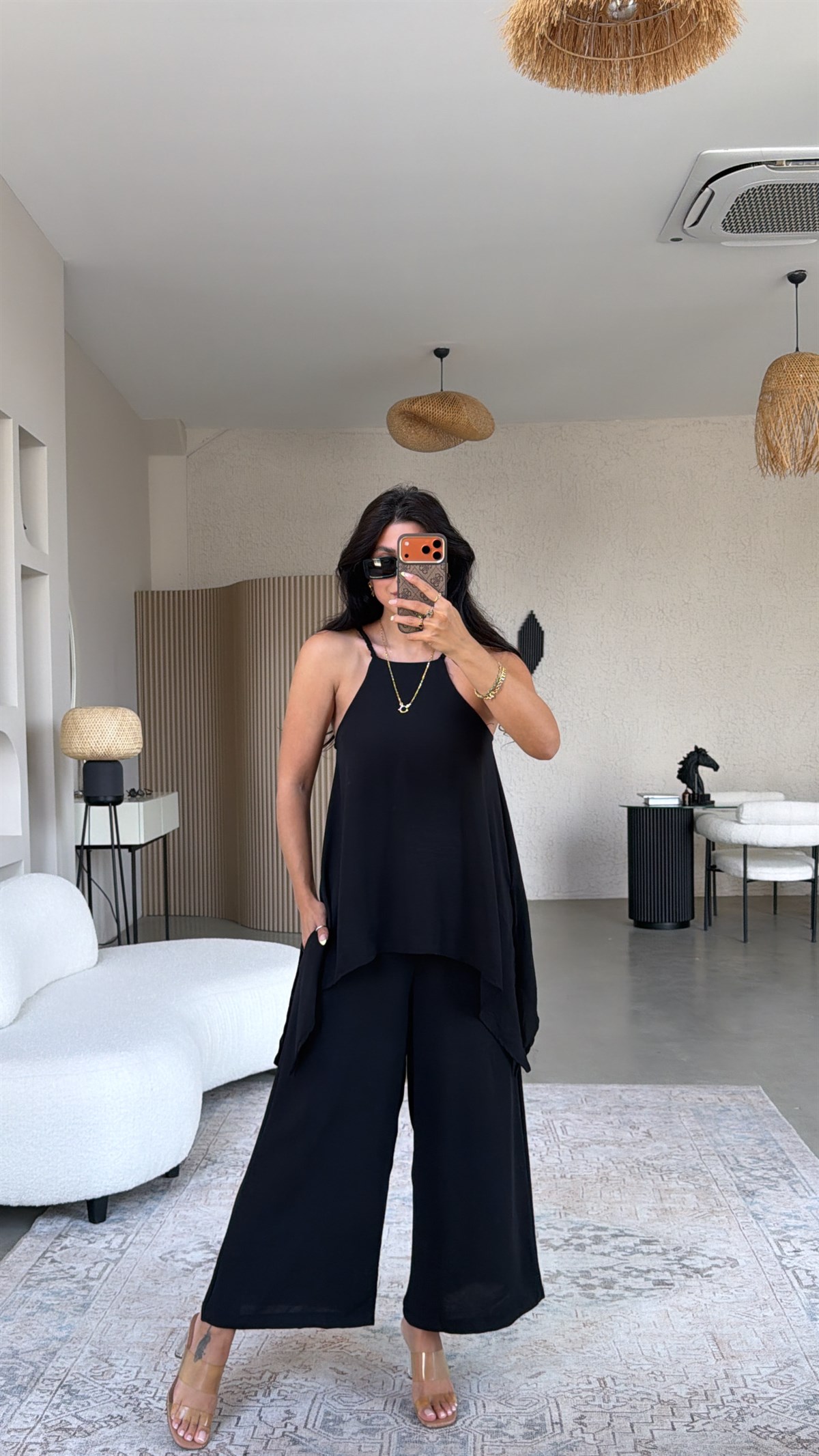 Siyah Bluz Pantolon Görünümlü Tiril Tulum