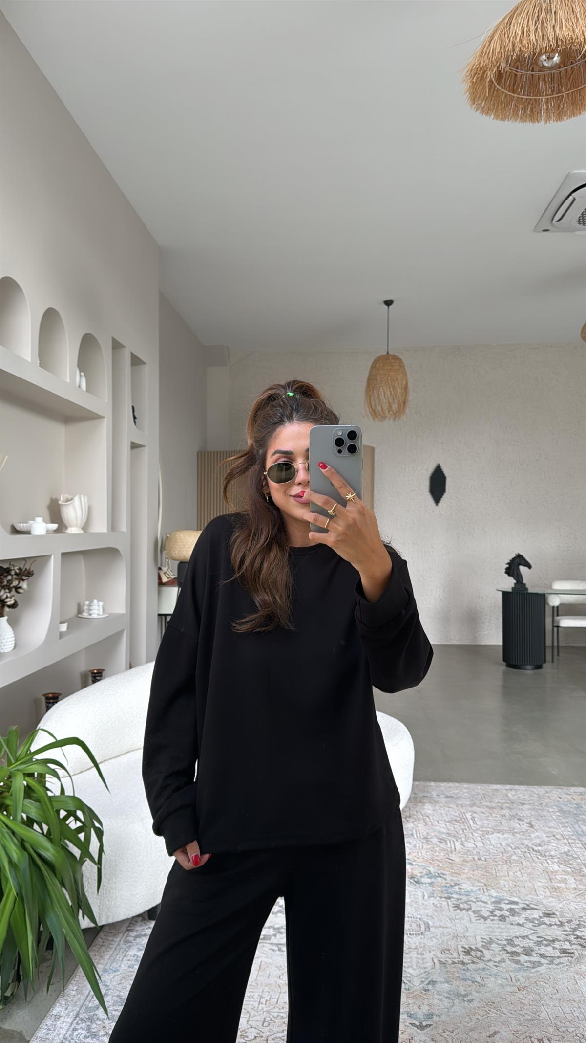 Siyah Bol Paça Sweatshirt Eşofman Takım