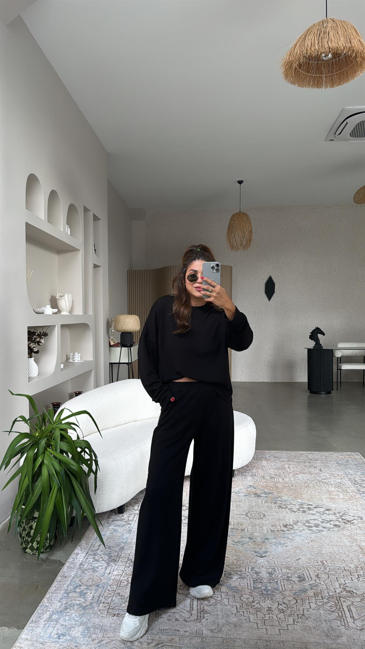 Siyah Bol Paça Sweatshirt Eşofman Takım