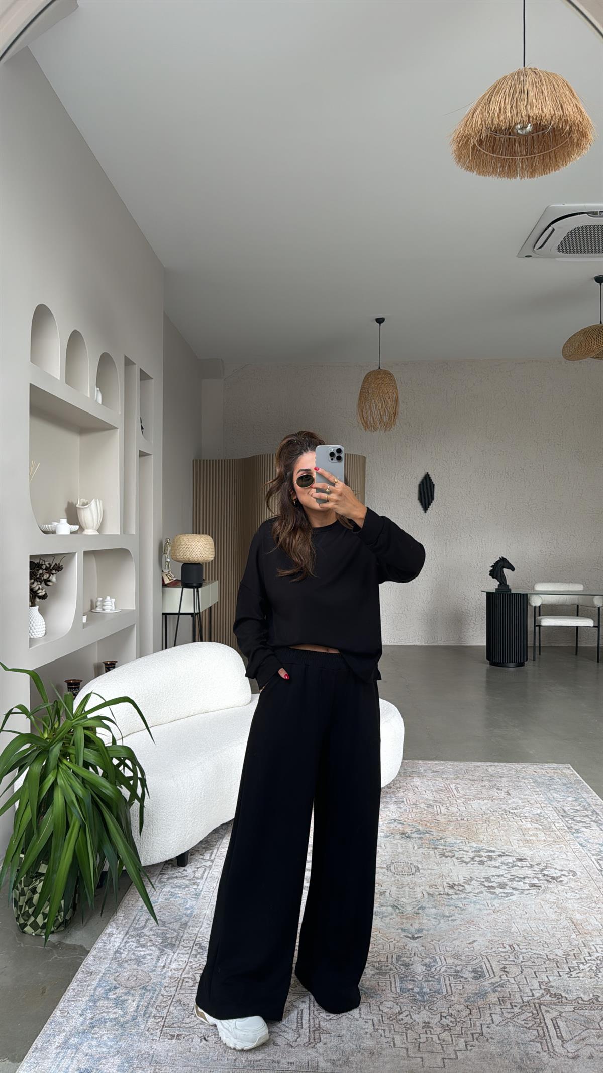 Siyah Bol Paça Sweatshirt Eşofman Takım