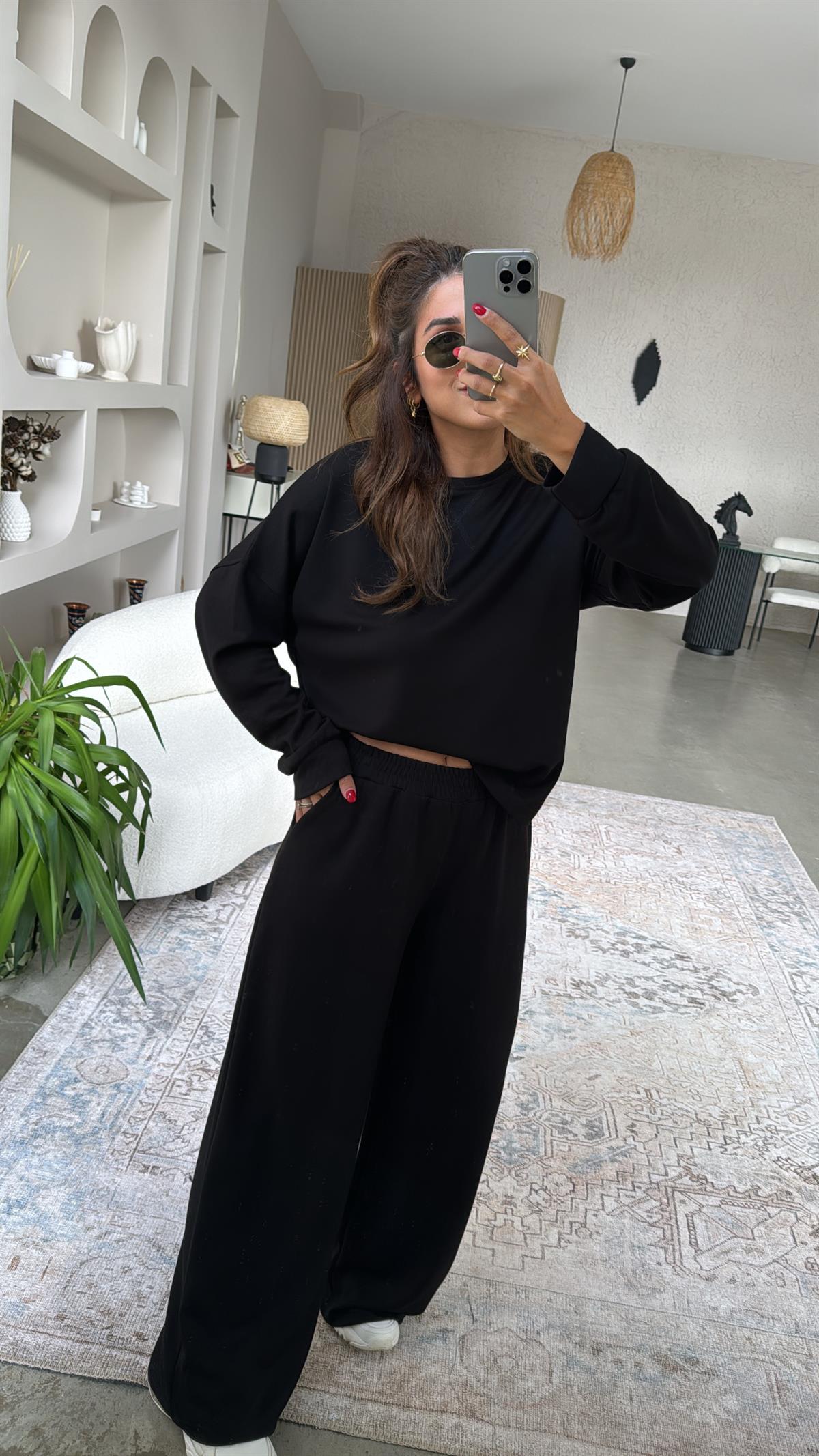 Siyah Bol Paça Sweatshirt Eşofman Takım