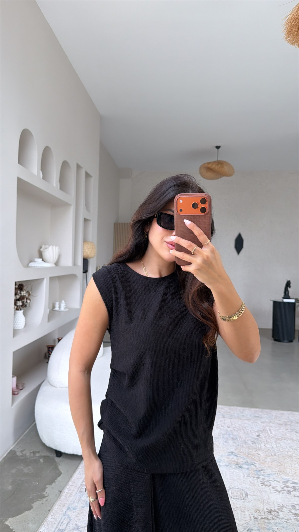 Siyah Bürümcük Bohem Büzgü Detaylı Bluz Etek Takım