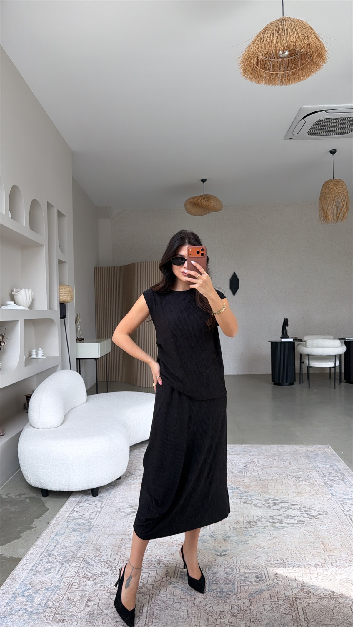 Siyah Bürümcük Bohem Büzgü Detaylı Bluz Etek Takım