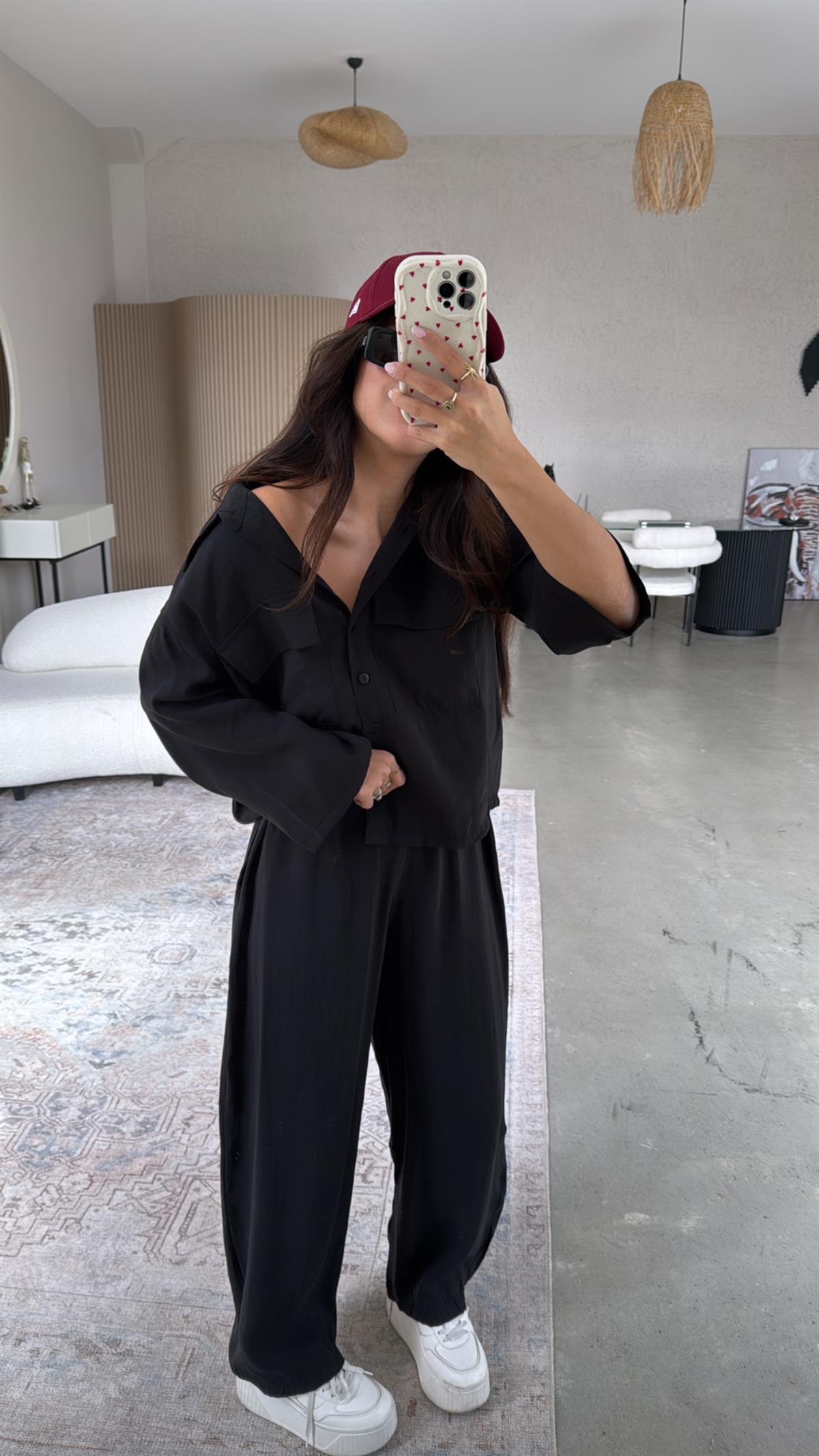 Siyah Çift Cepli Gömlek Pantolon Takım