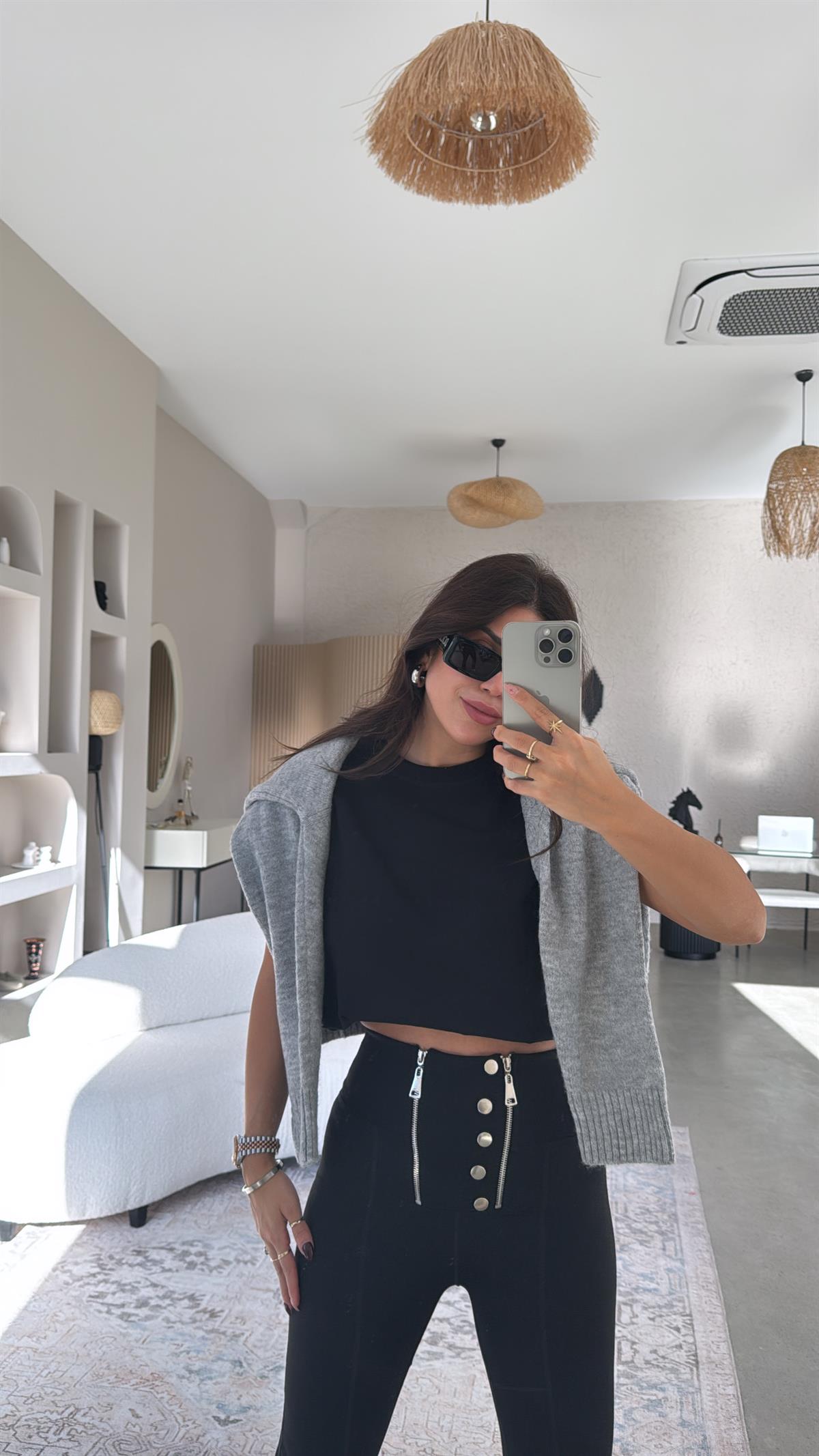 Siyah Çift Fermuarlı Push-up Tayt