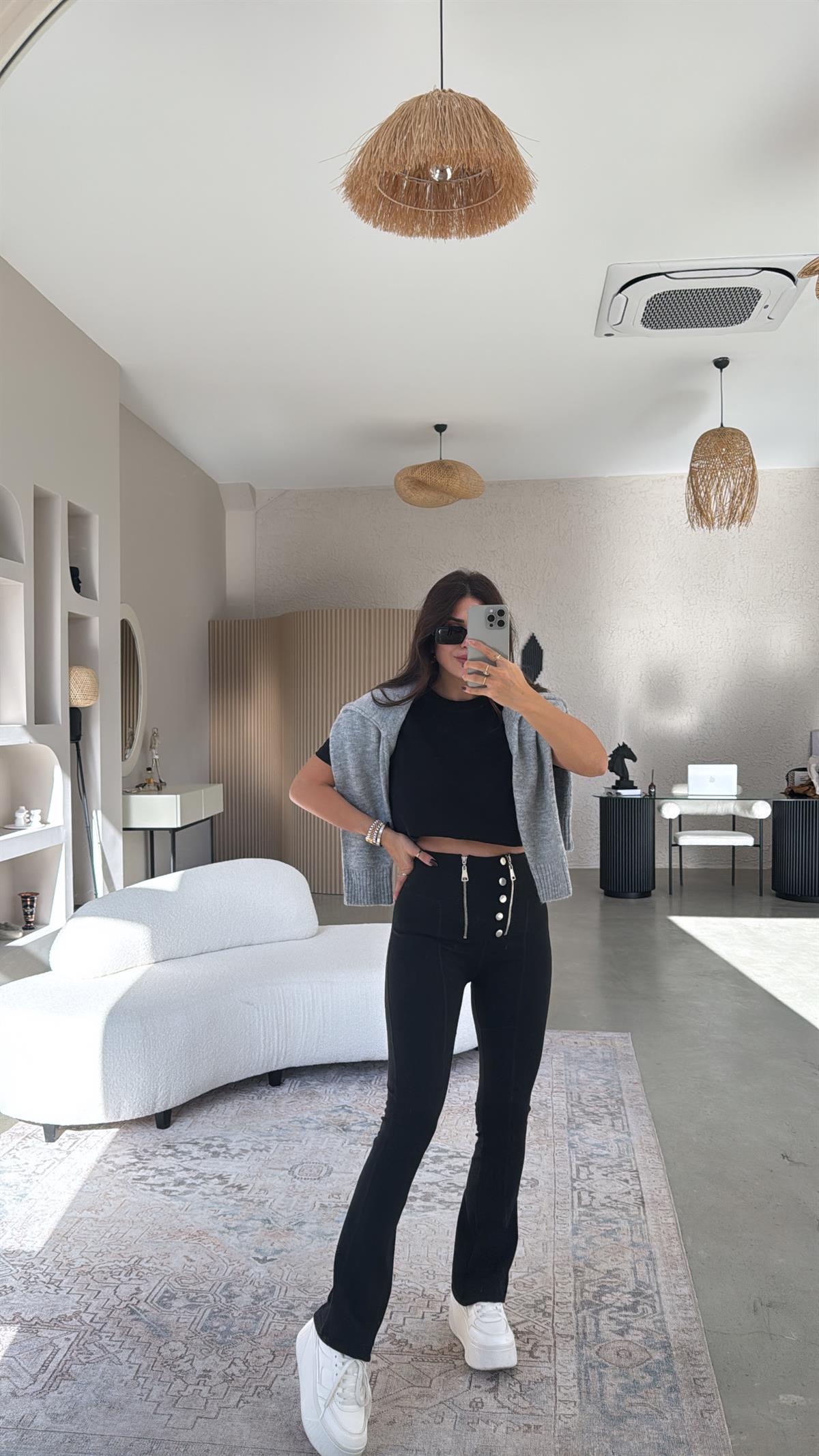 Siyah Çift Fermuarlı Push-up Tayt