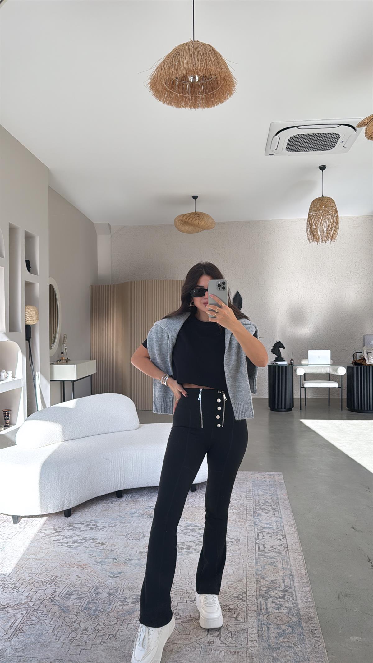 Siyah Çift Fermuarlı Push-up Tayt