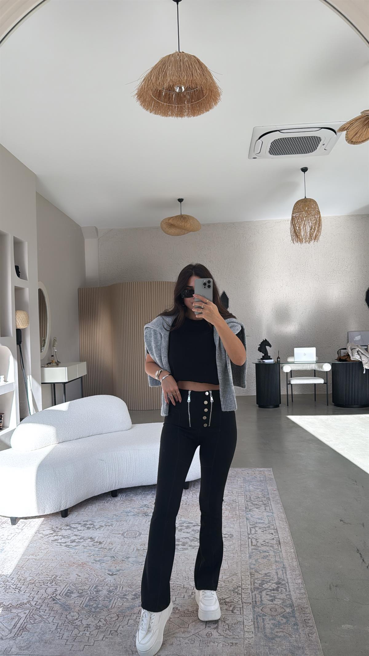 Siyah Çift Fermuarlı Push-up Tayt