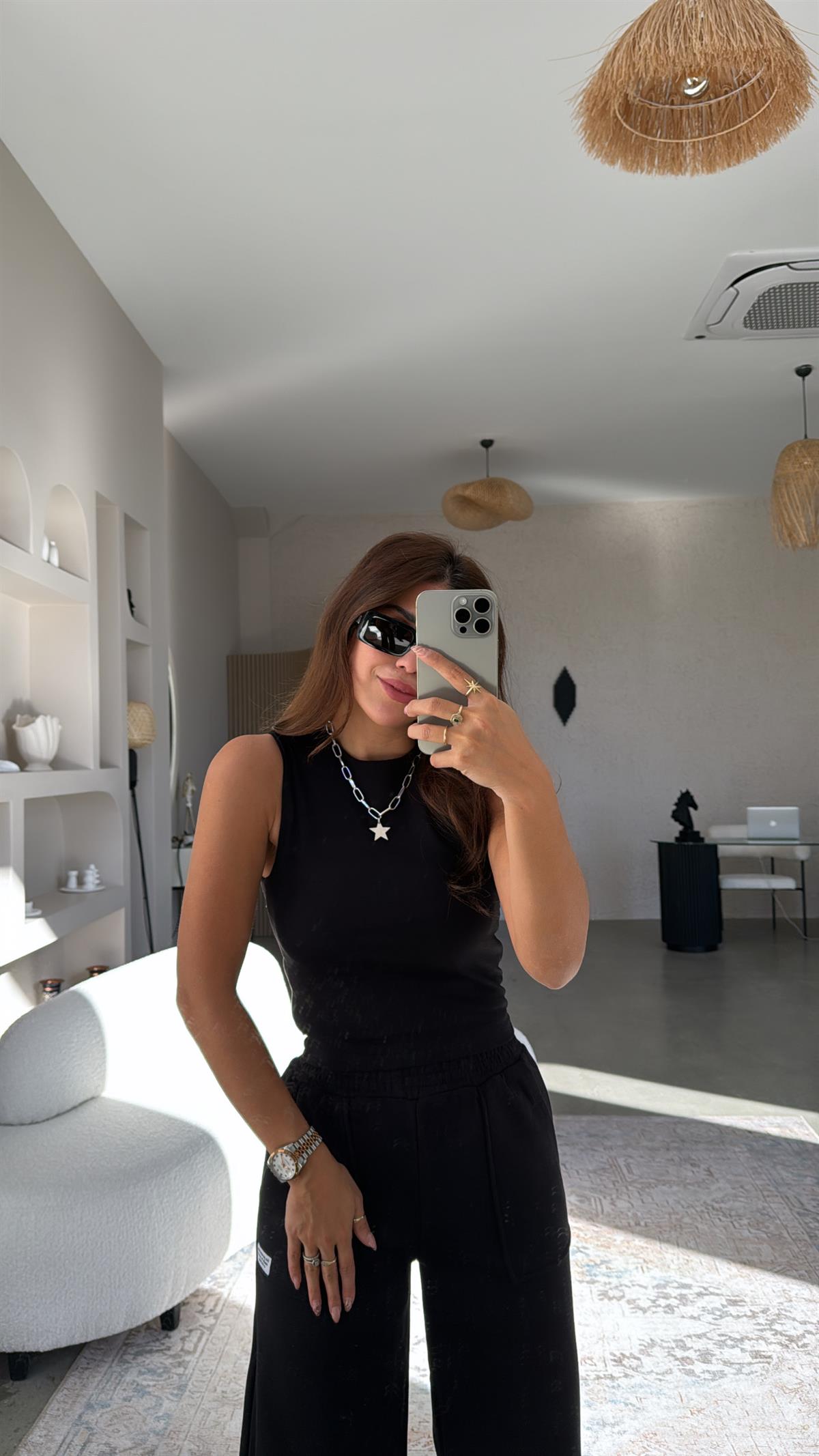 Siyah Çift Katlı Bisiklet Yaka Atlet