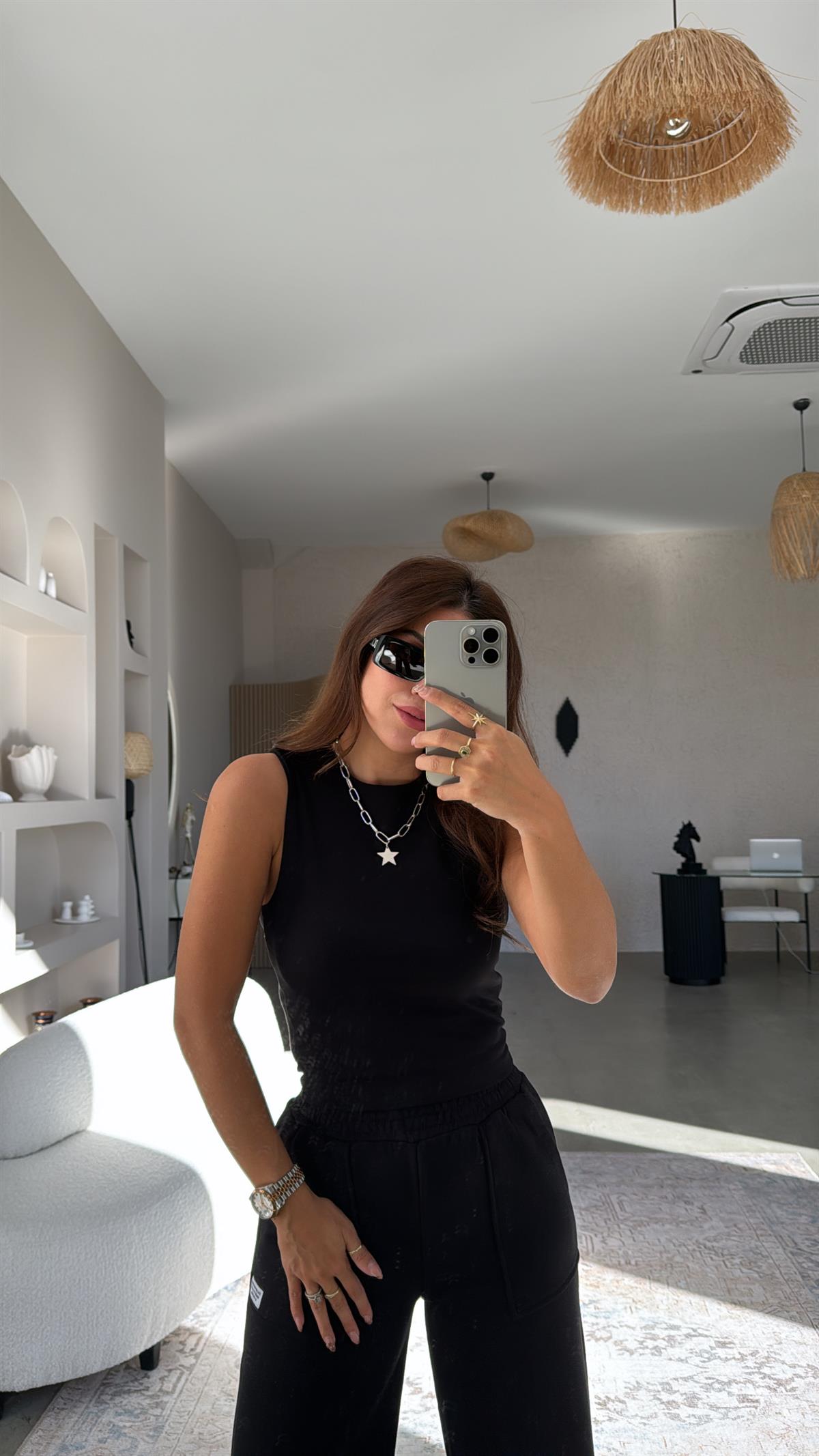 Siyah Çift Katlı Bisiklet Yaka Atlet