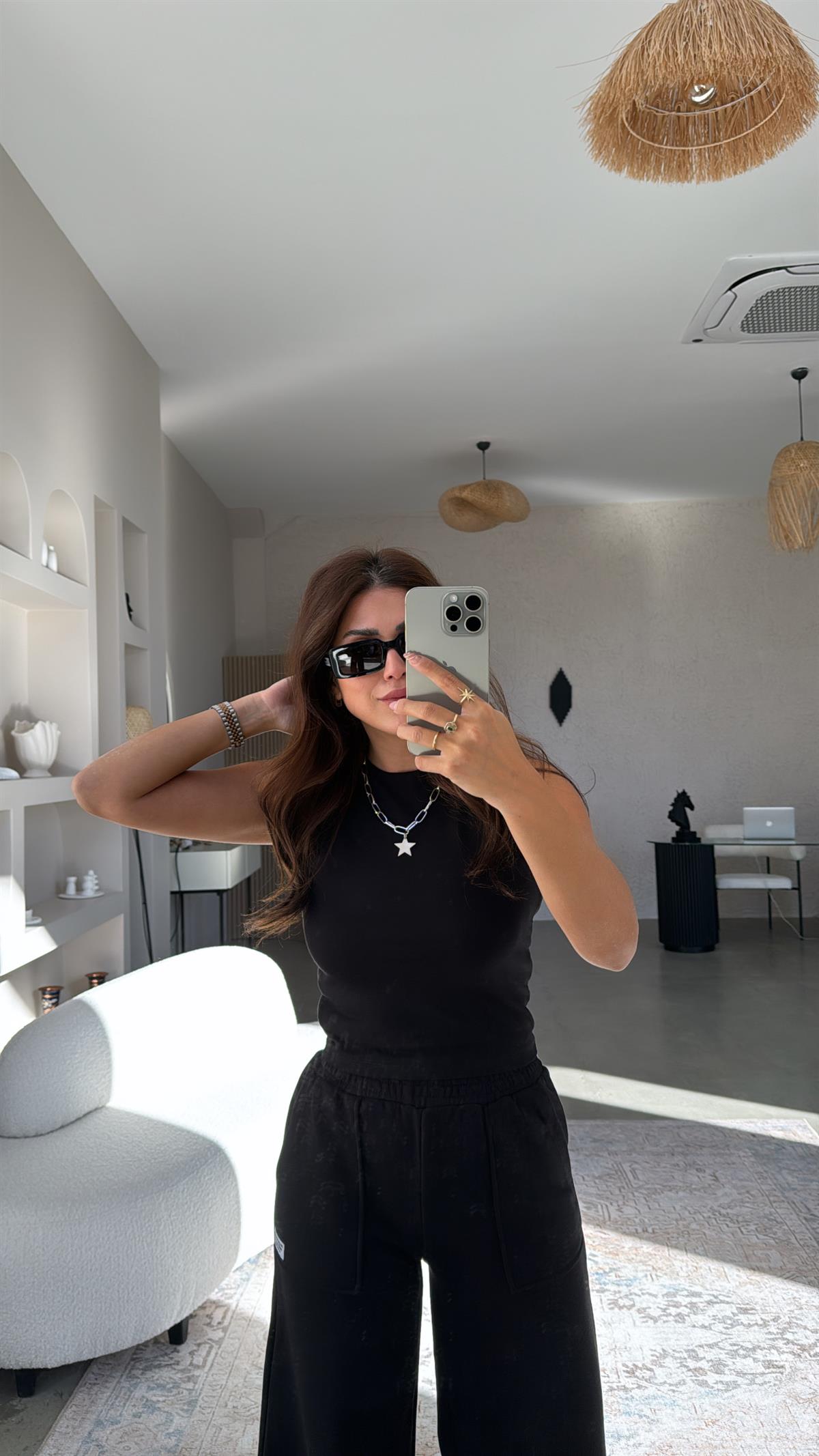 Siyah Çift Katlı Bisiklet Yaka Atlet