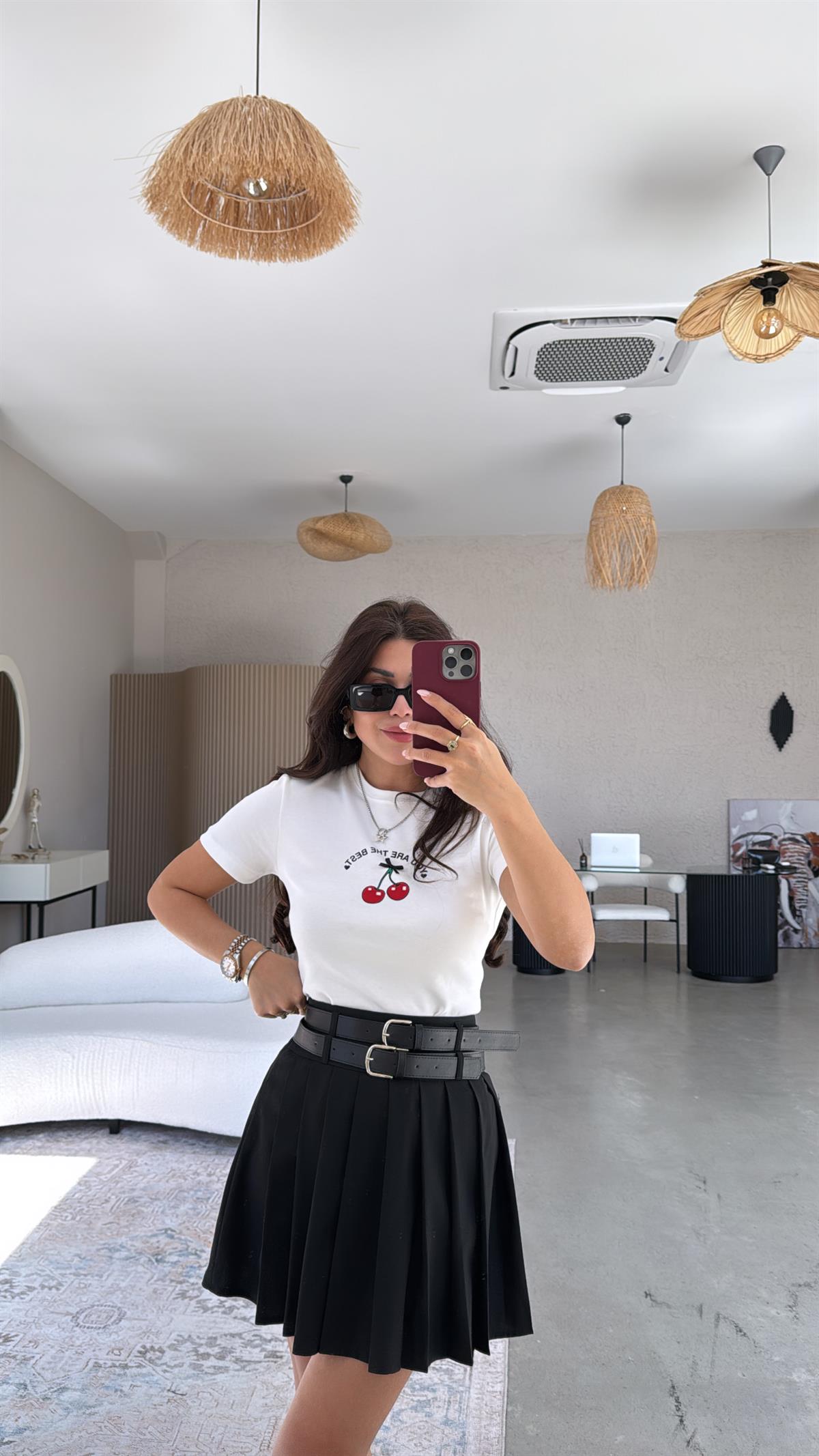 Siyah Çift Kemerli Piliseli Mini Etek