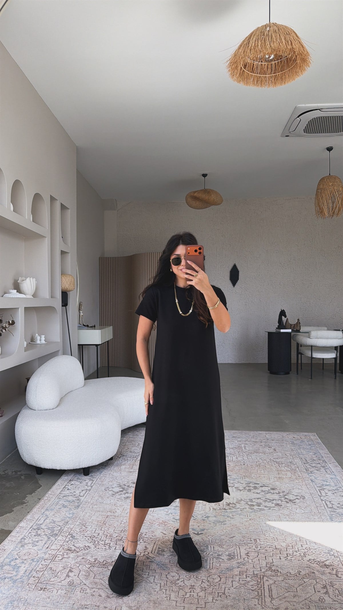 Siyah Çift Yırtmaçlı Basic Modal Elbise