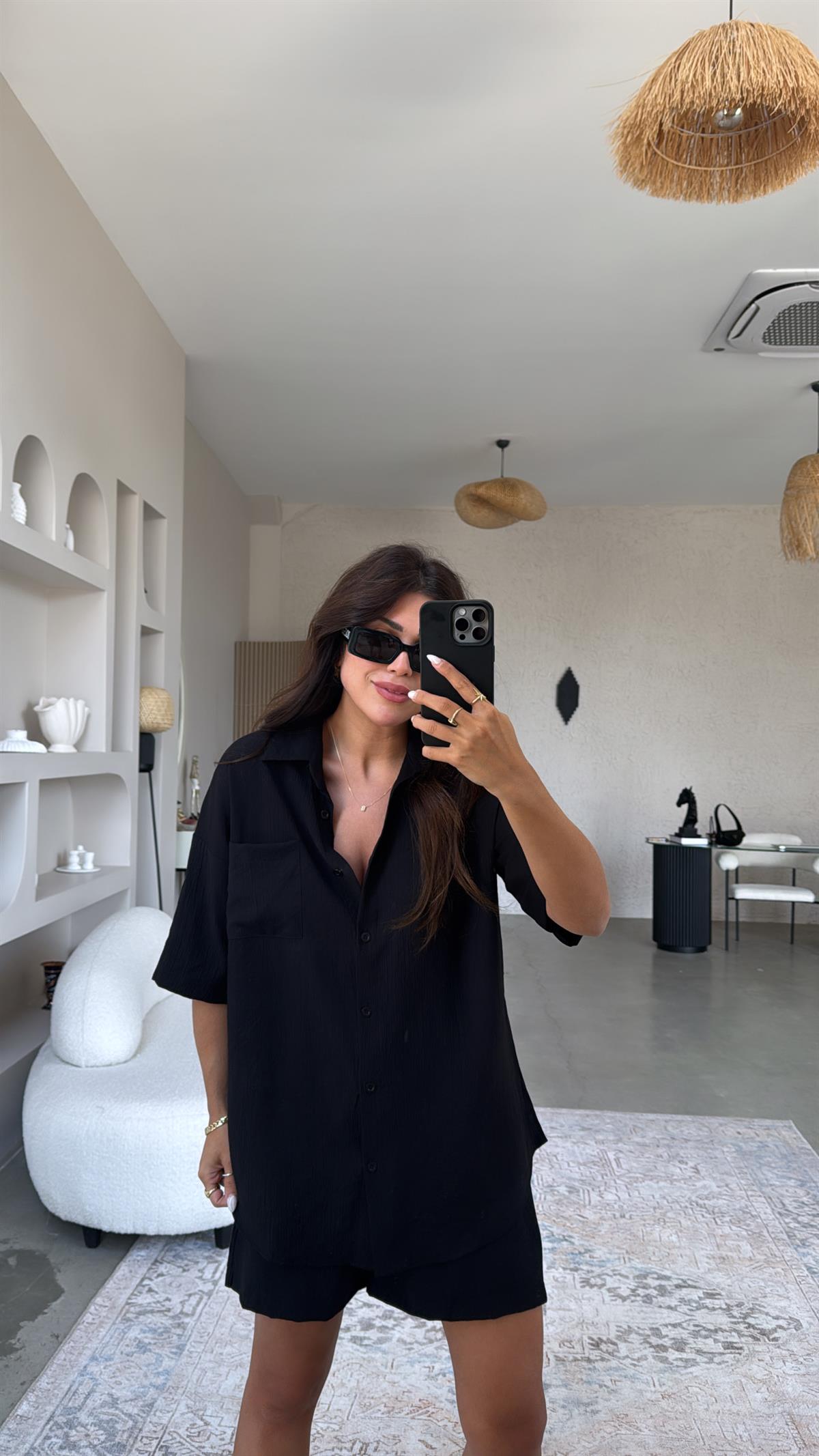 Siyah Çilek Kumaş Şort Gömlek Takım