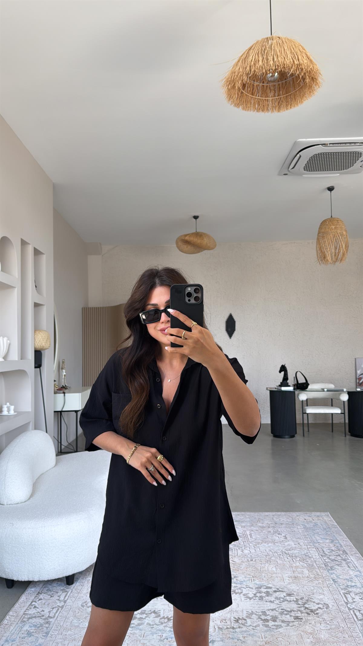 Siyah Çilek Kumaş Şort Gömlek Takım