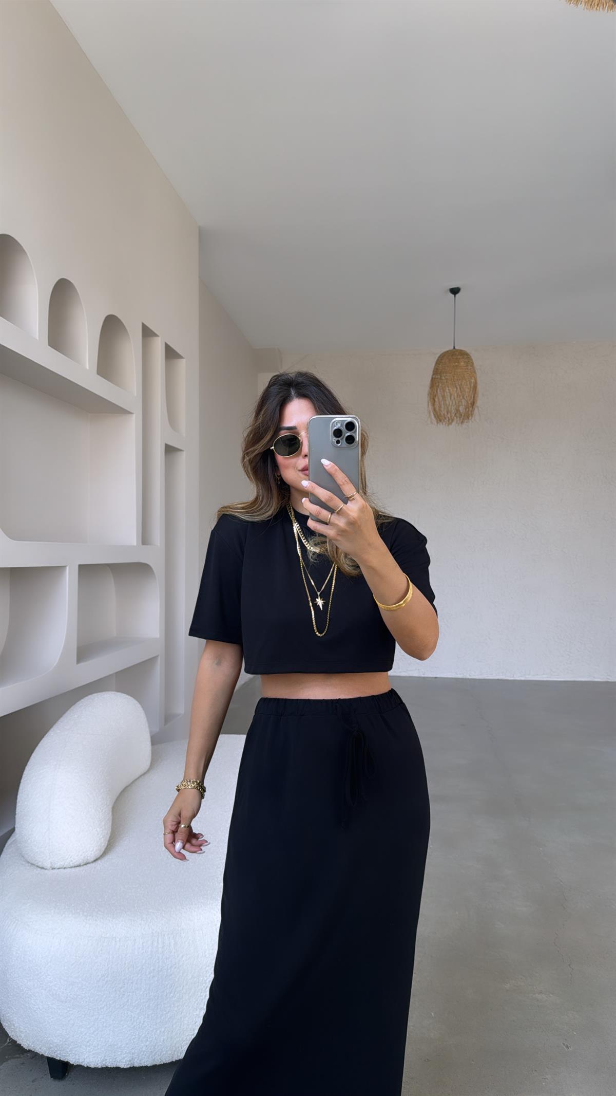 Siyah Crop Tshirt Etek Takım