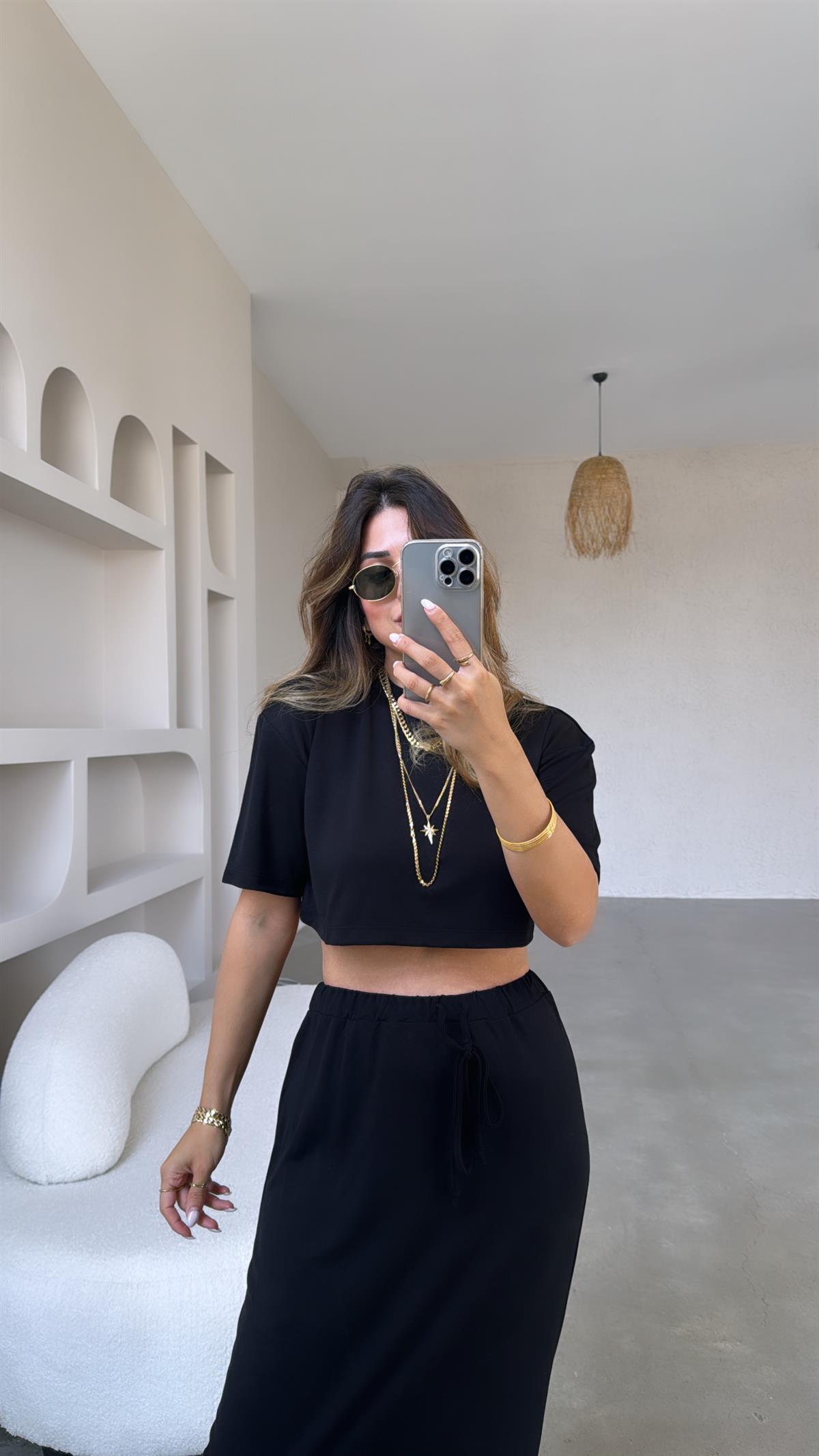 Siyah Crop Tshirt Etek Takım