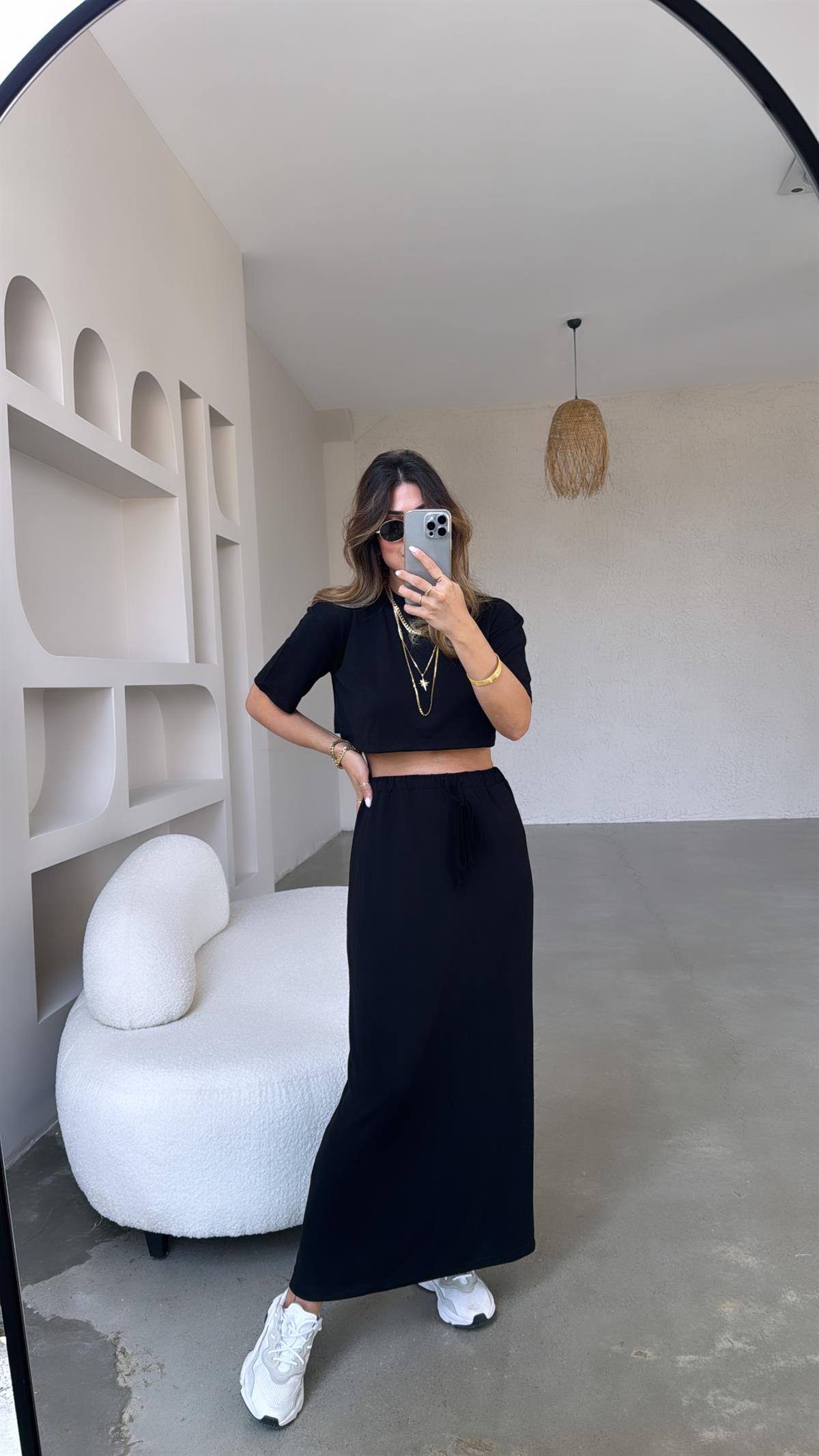 Siyah Crop Tshirt Etek Takım