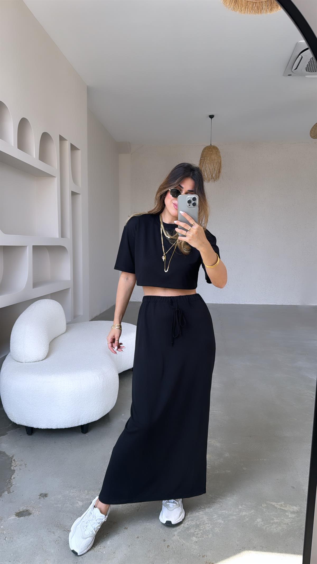 Siyah Crop Tshirt Etek Takım